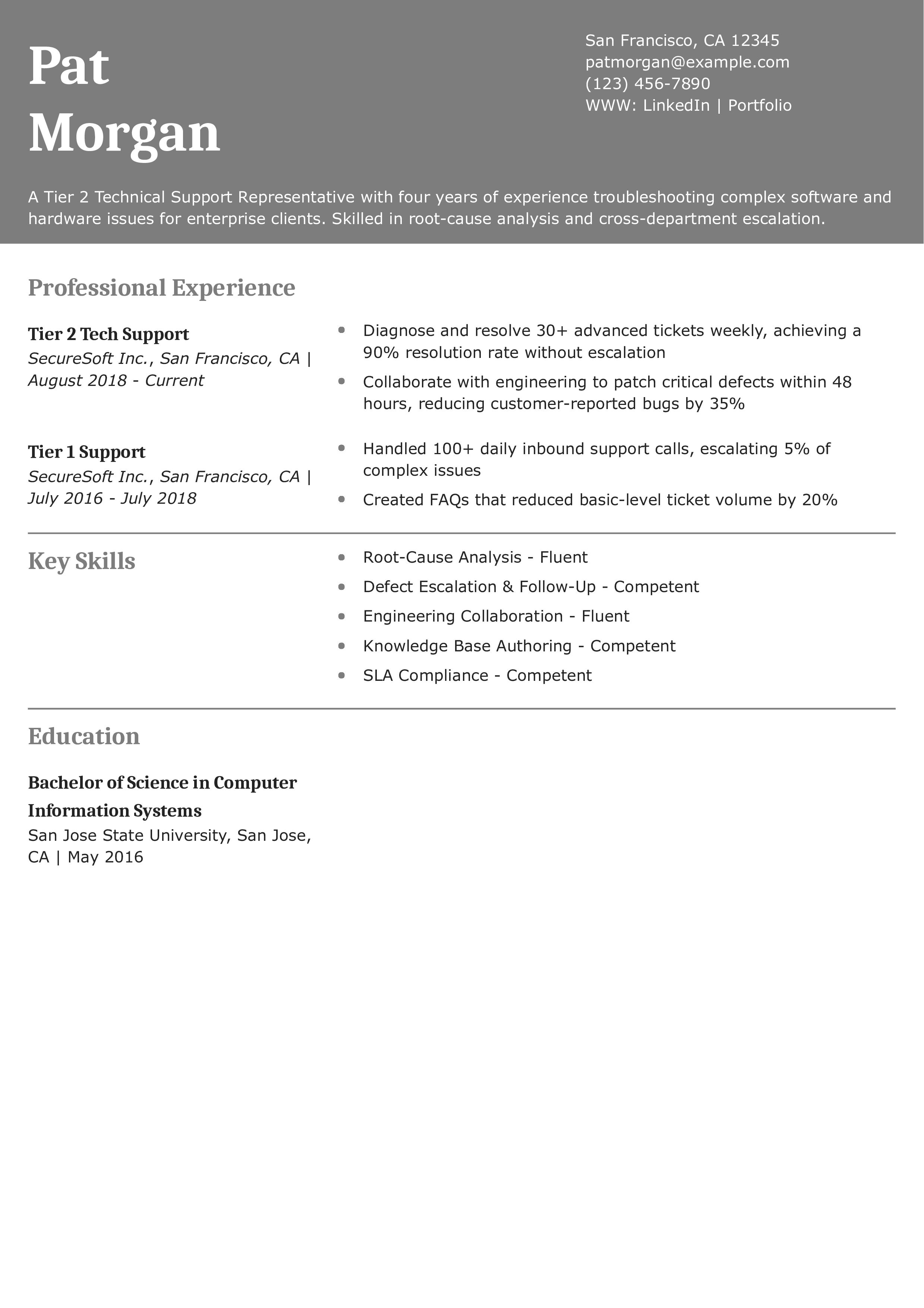 Tier 2 Technical Support Representative Resume