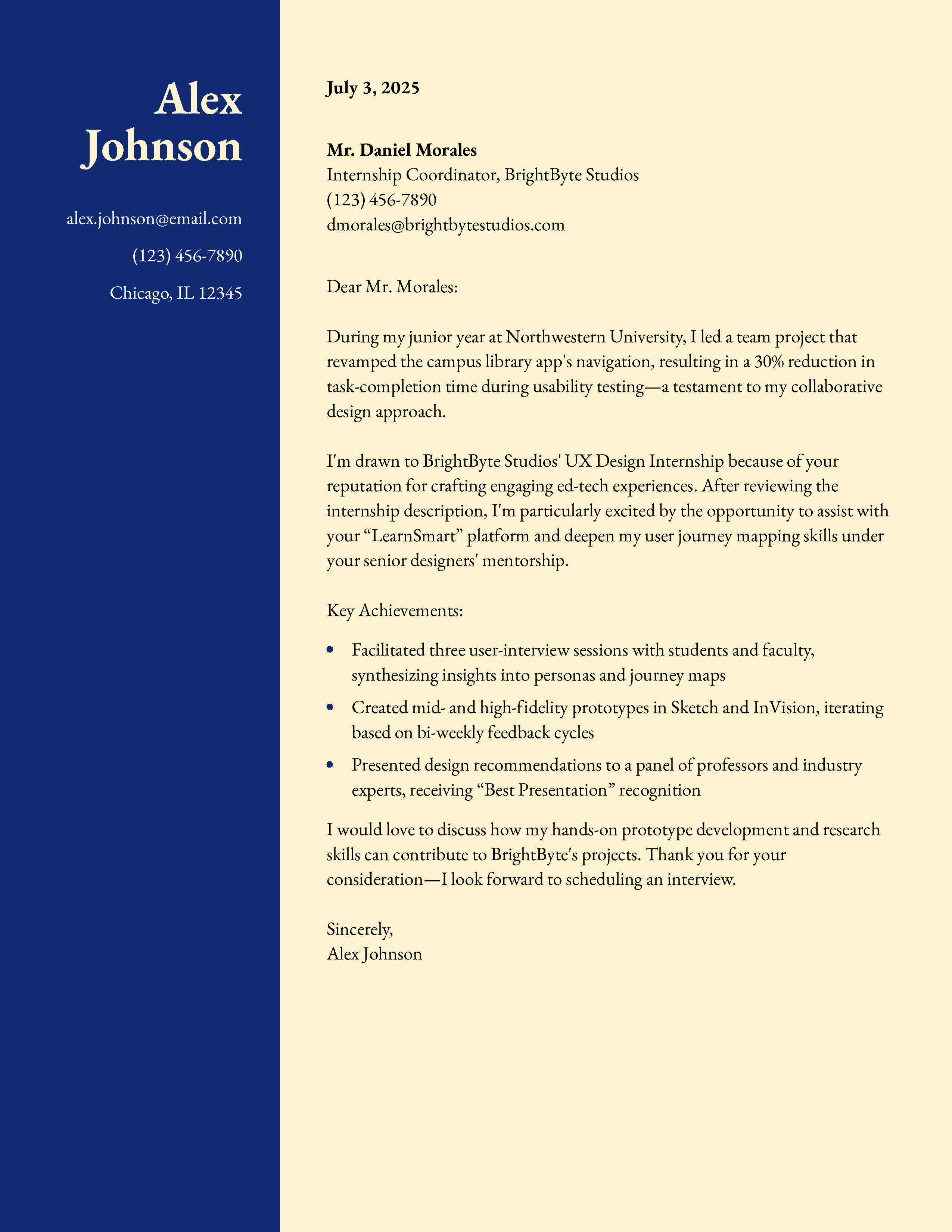 UX Design Intern Cover Letter