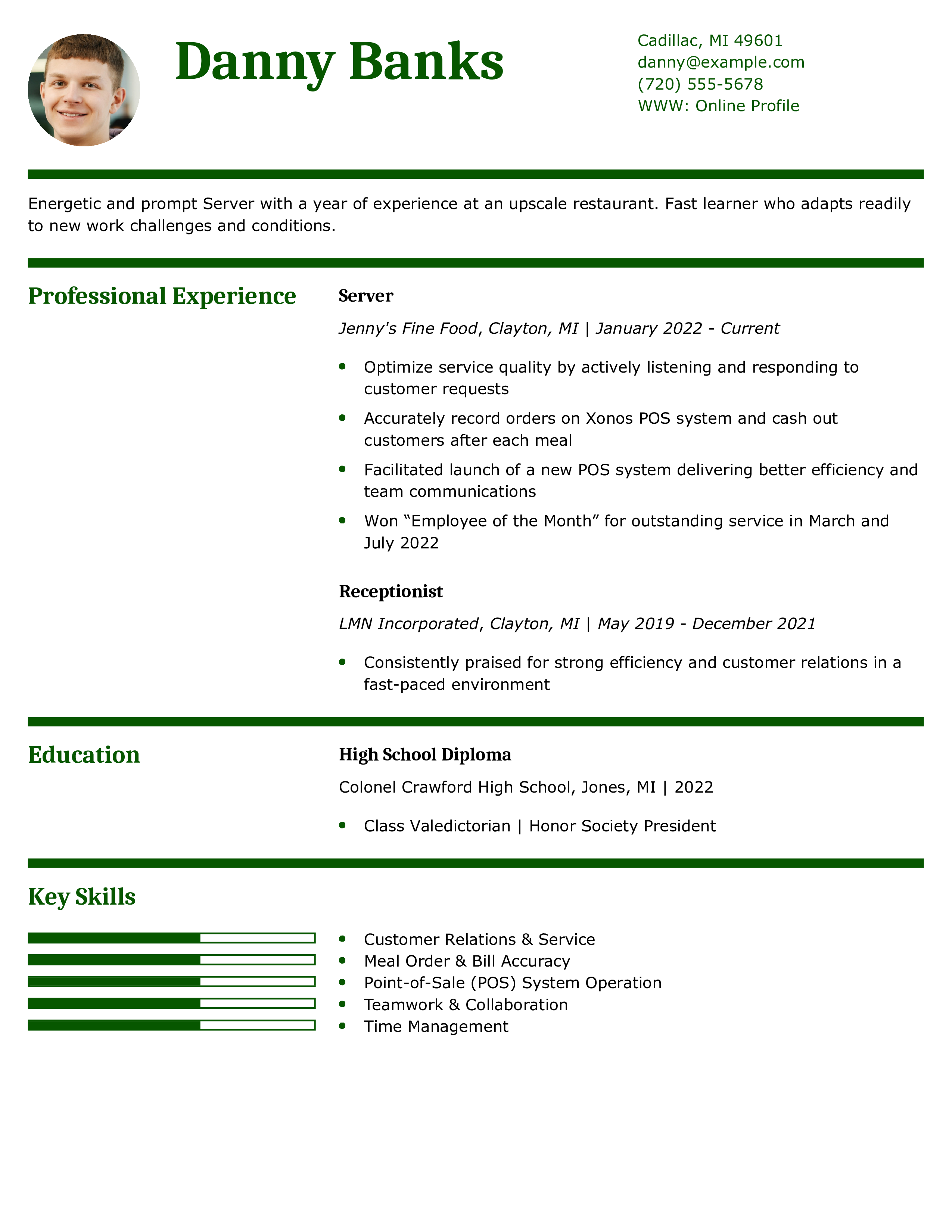 Upscale Restaurant Server Resume