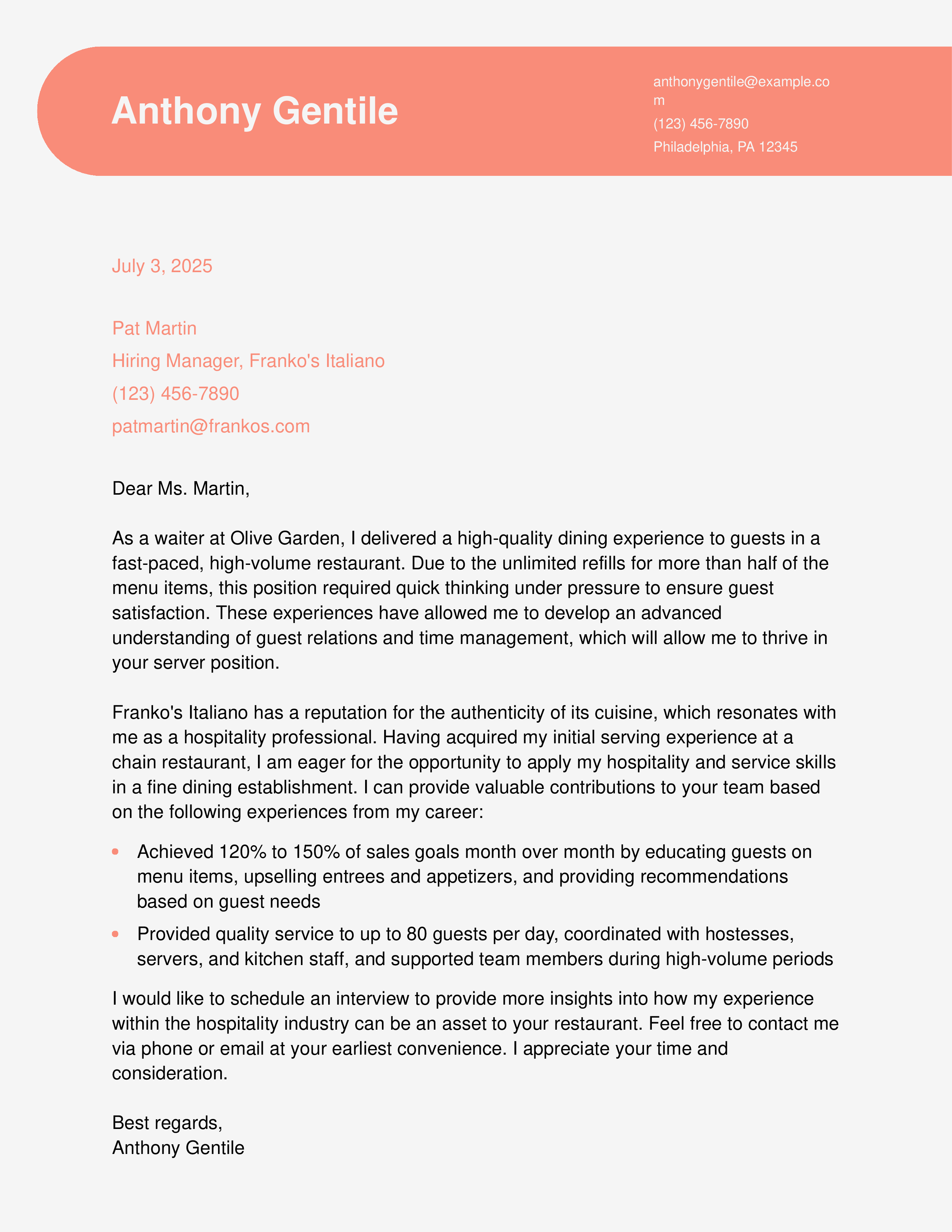 Waiter/Waitress Cover Letter