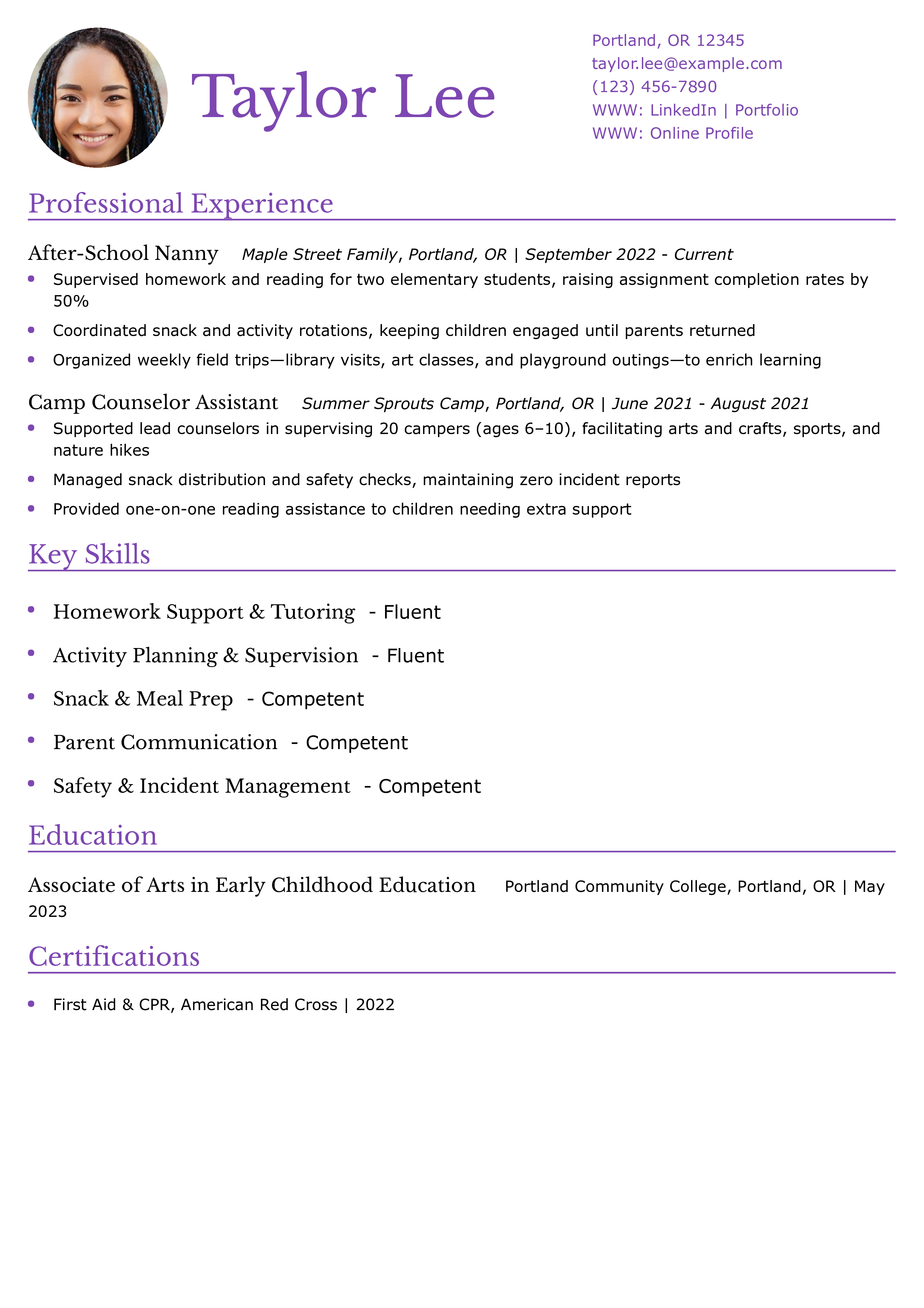 After-School Nanny Resume