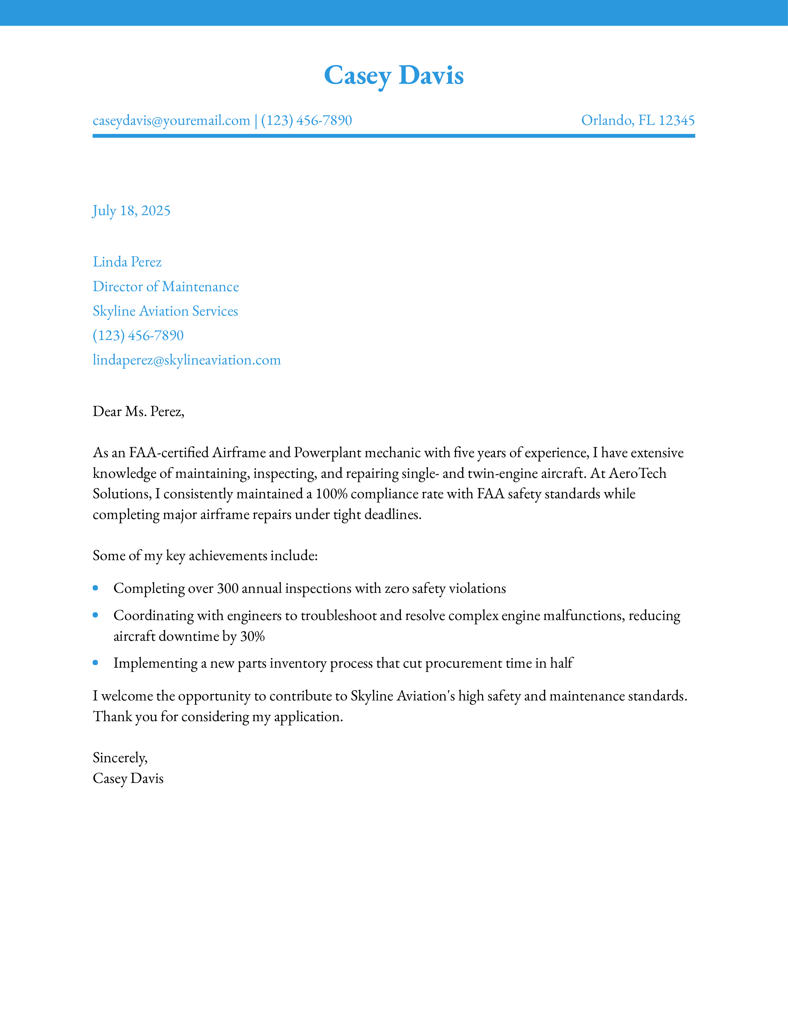 Aircraft Mechanic Cover Letter