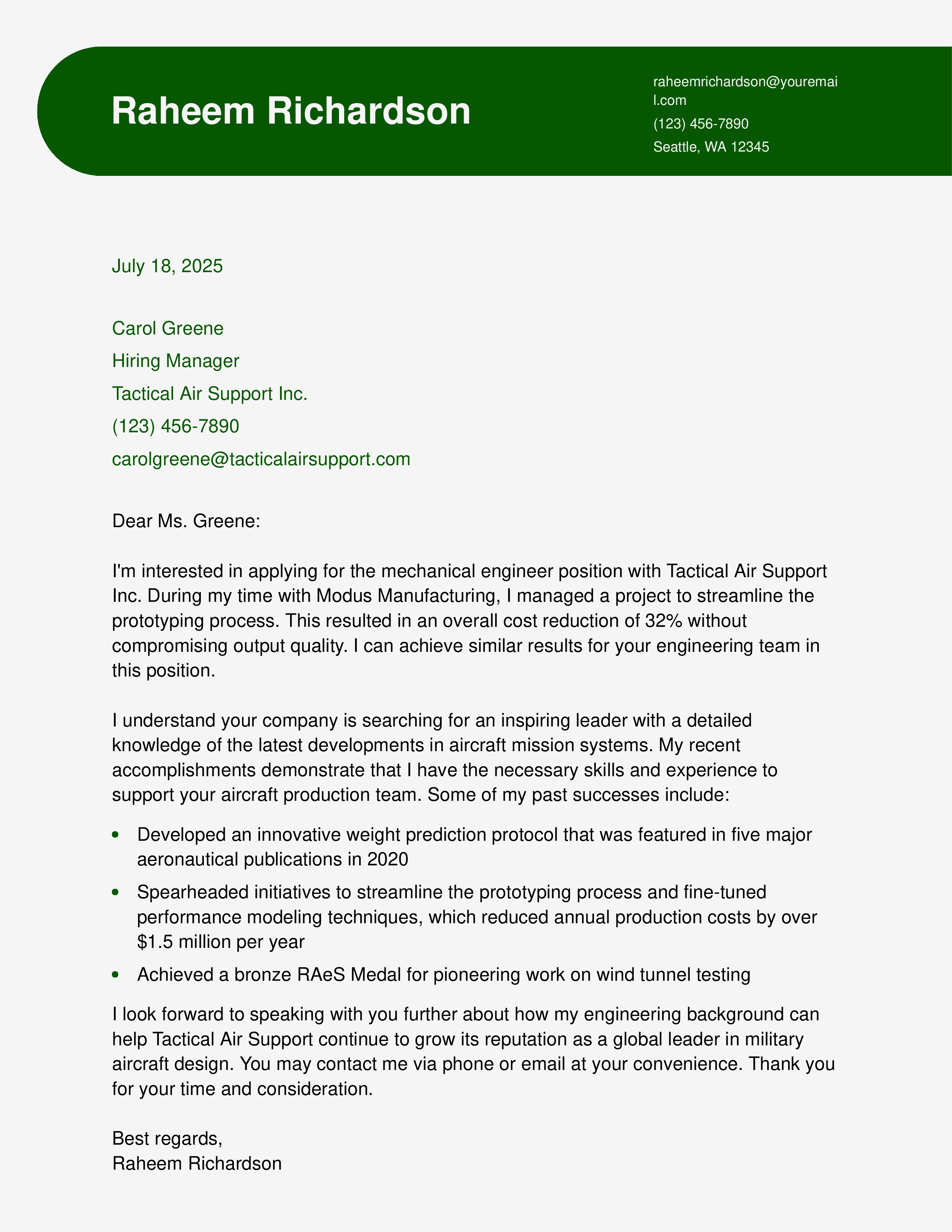 Aircraft Mechanical Engineer Cover Letter