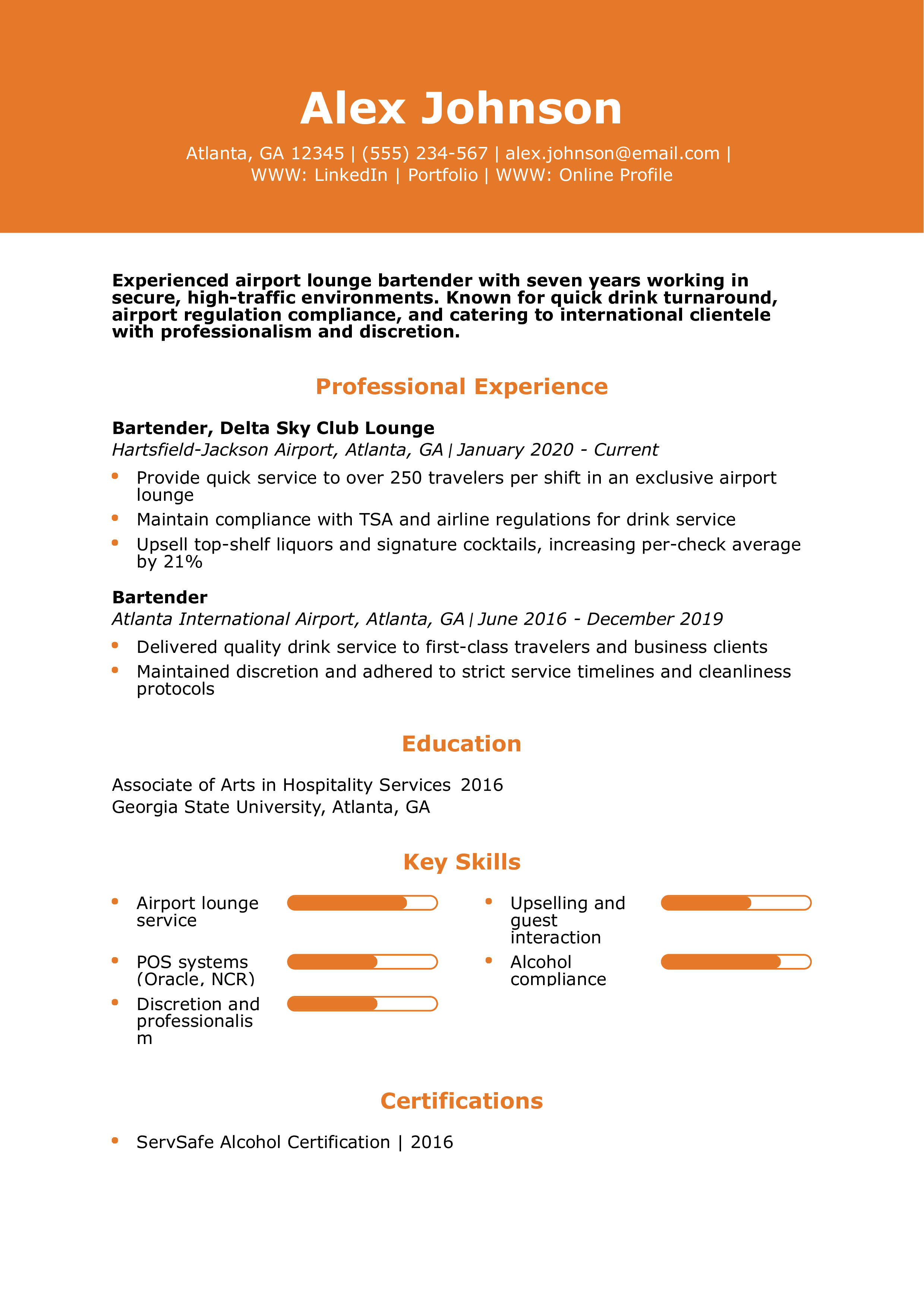 Airport Lounge Bartender Resume