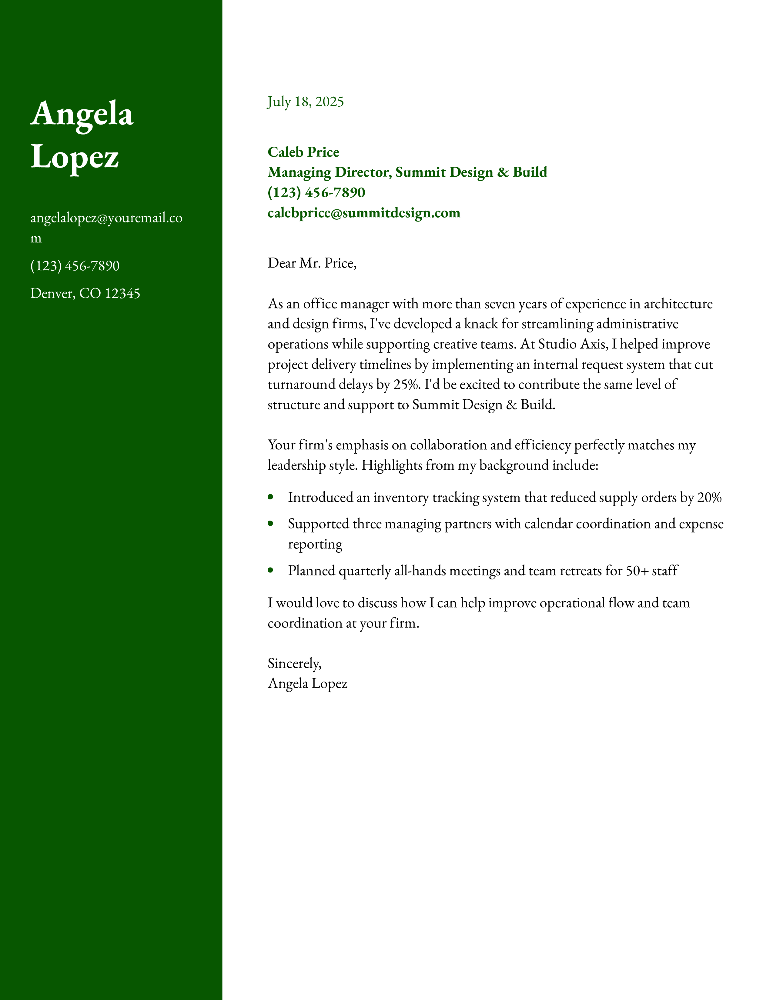 Architecture Office Manager Cover Letter