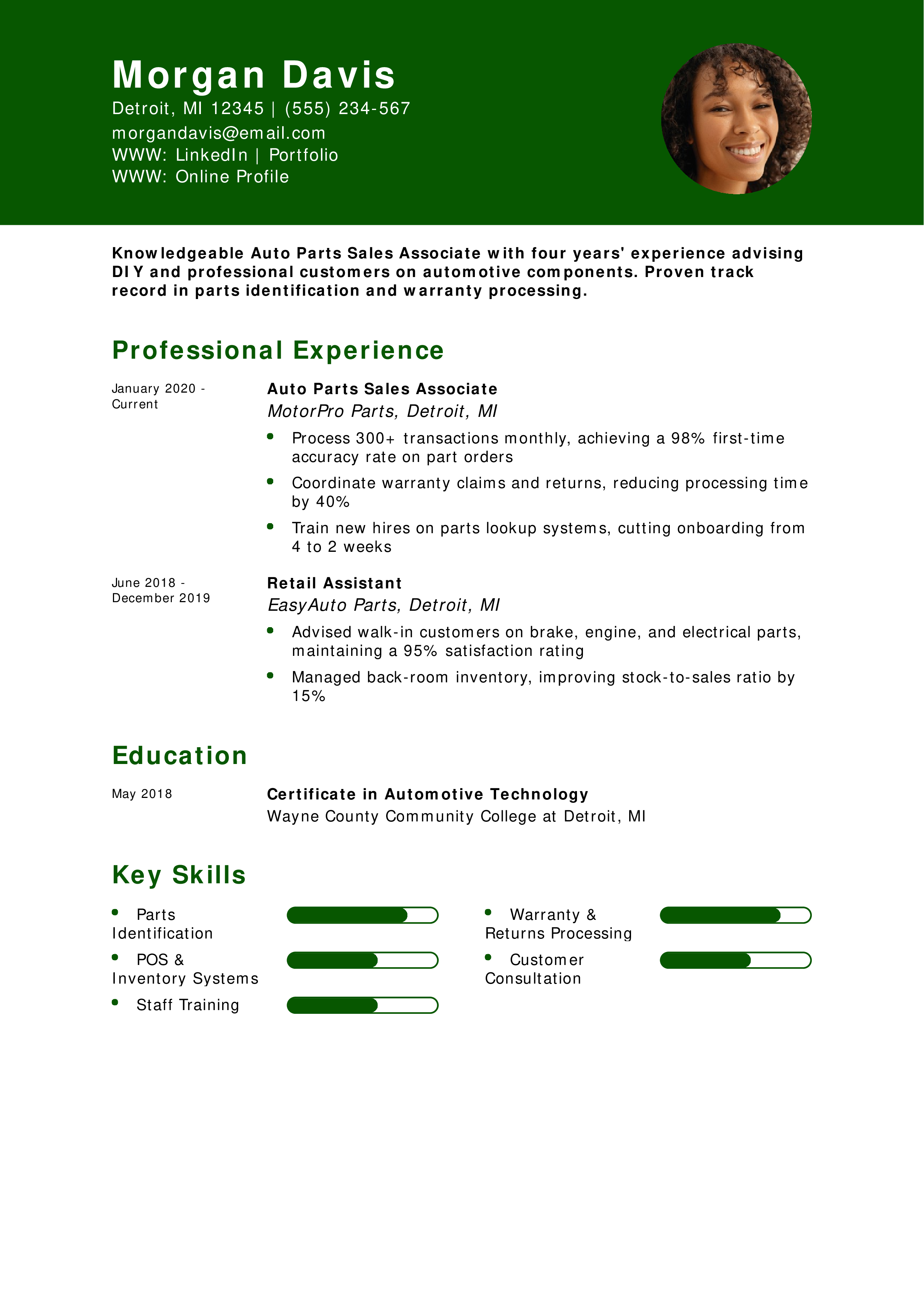 Auto Parts Sales Associate Resume