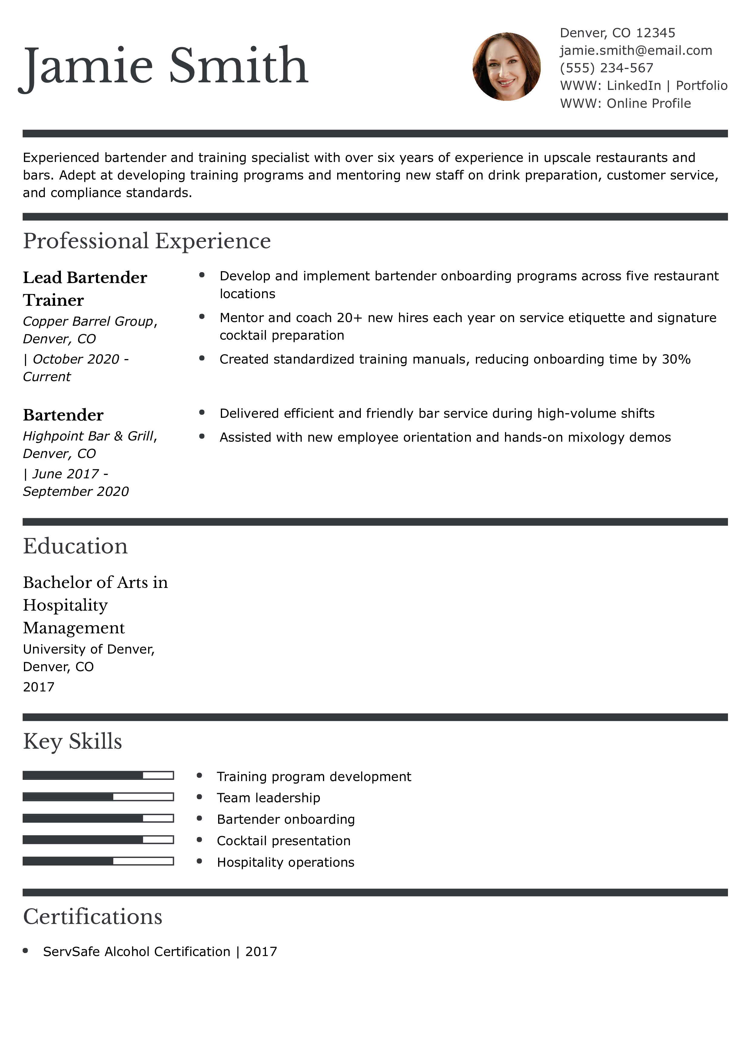 Bartender Trainer Resume