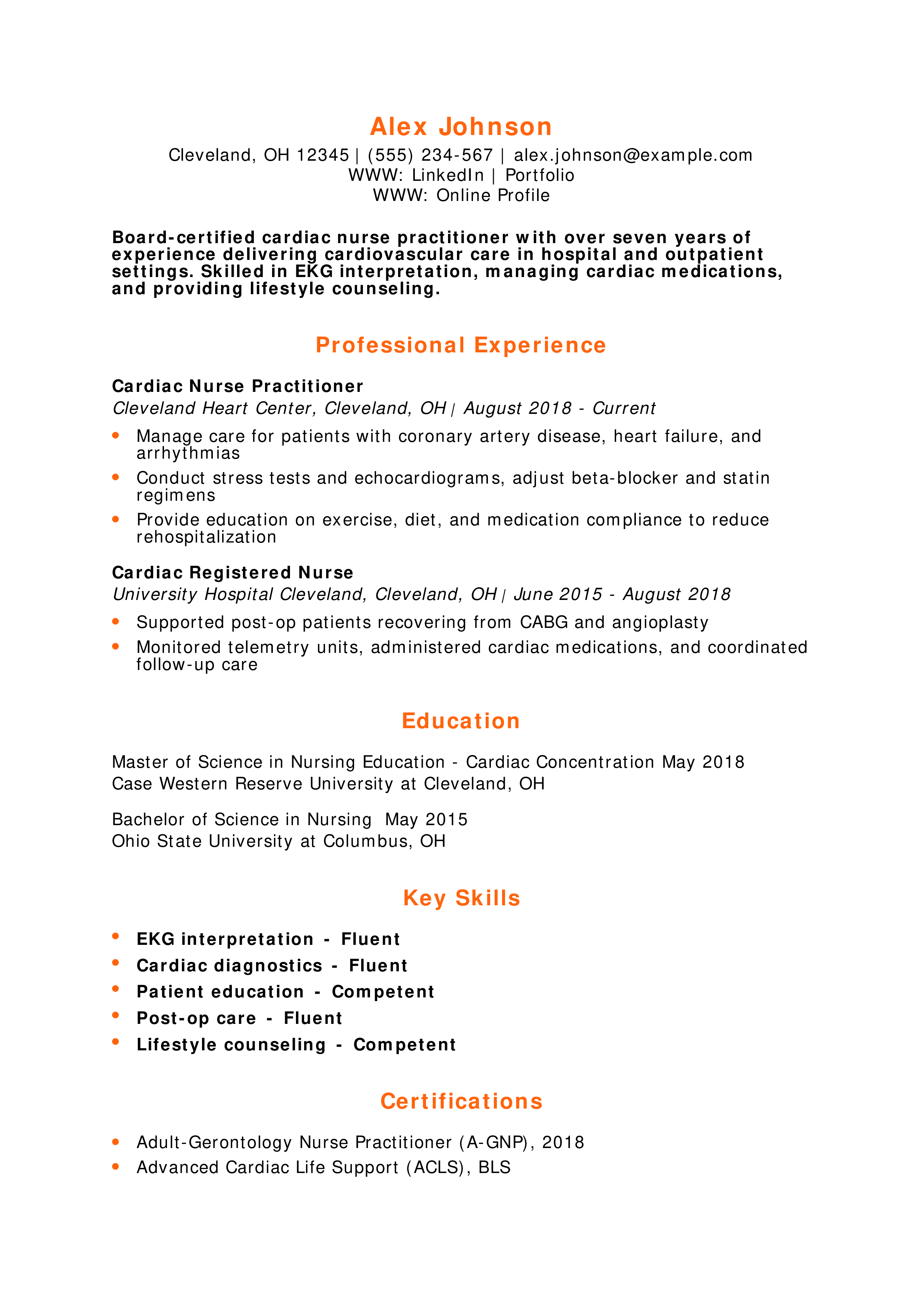 Cardiac Nurse Practitioner Resume