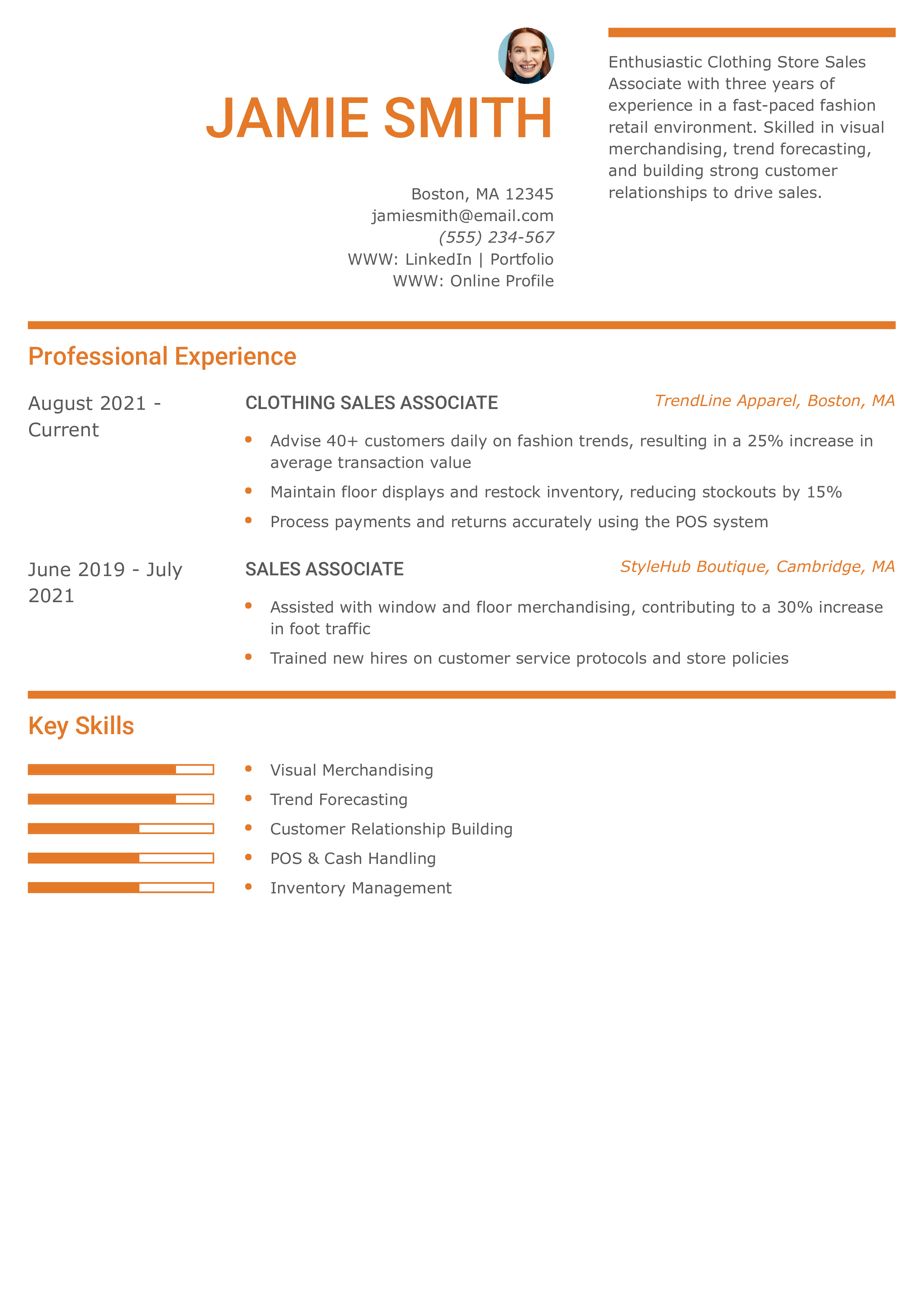 Clothing Store Sales Associate Resume