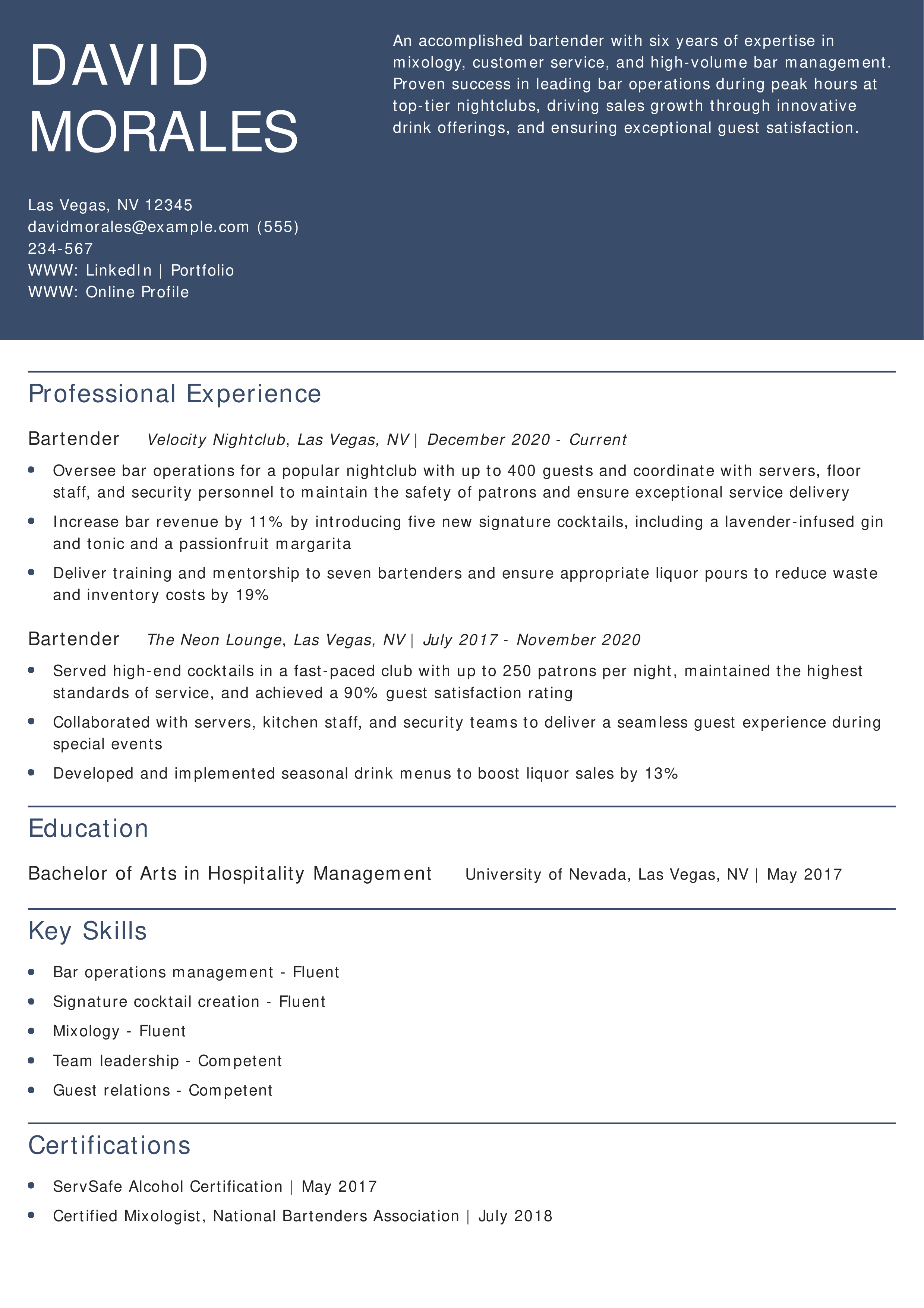 Club Bartender Resume