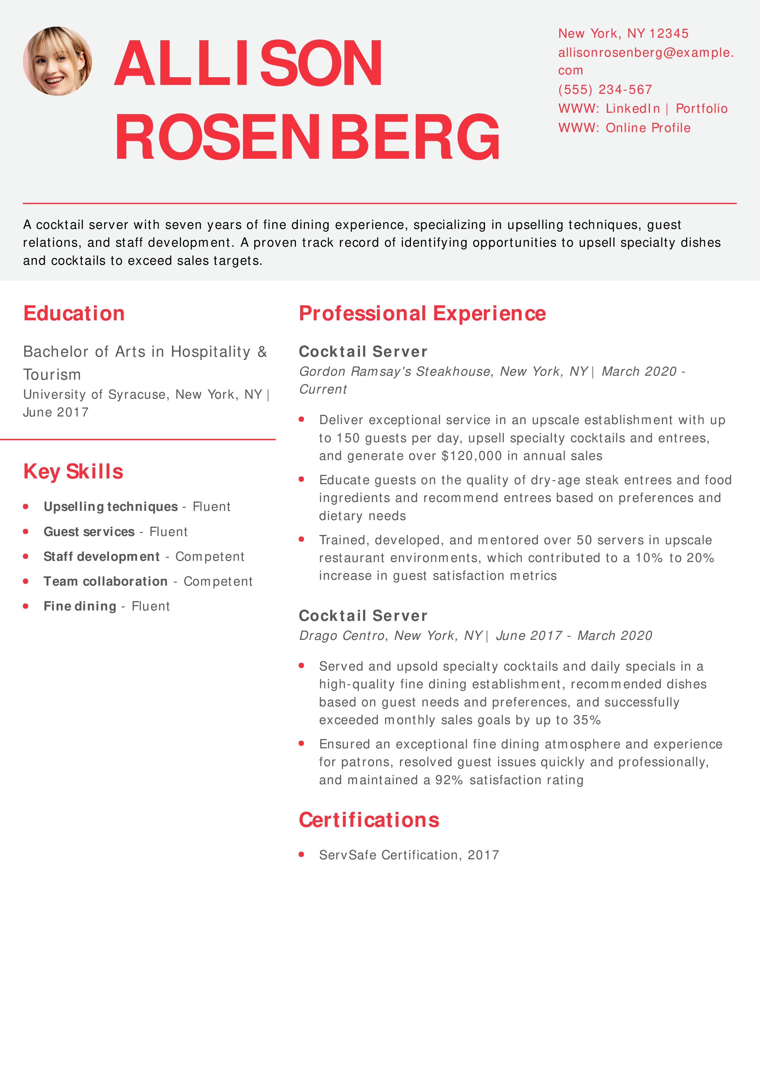 Cocktail Server Resume