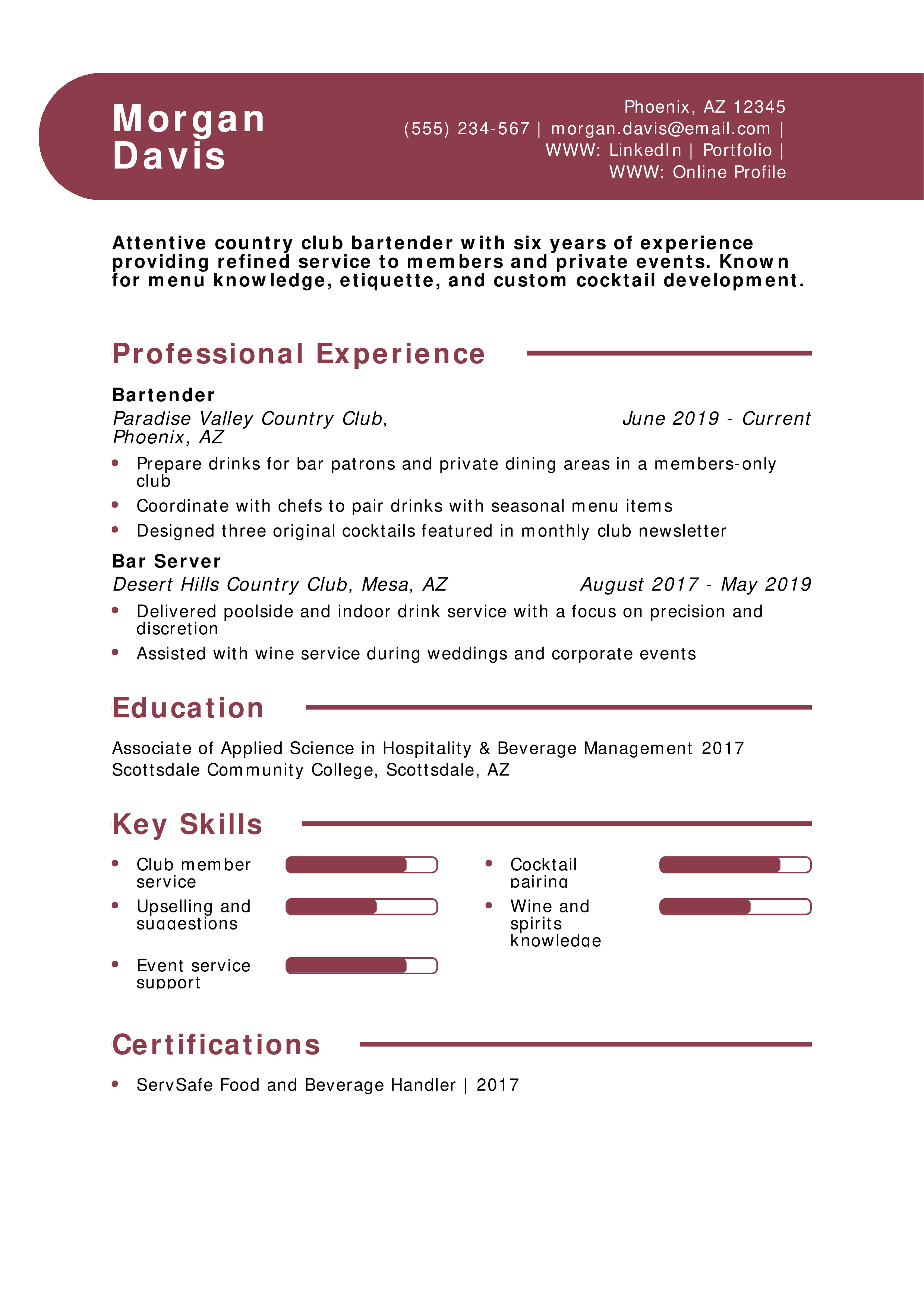 Country Club Bartender Resume