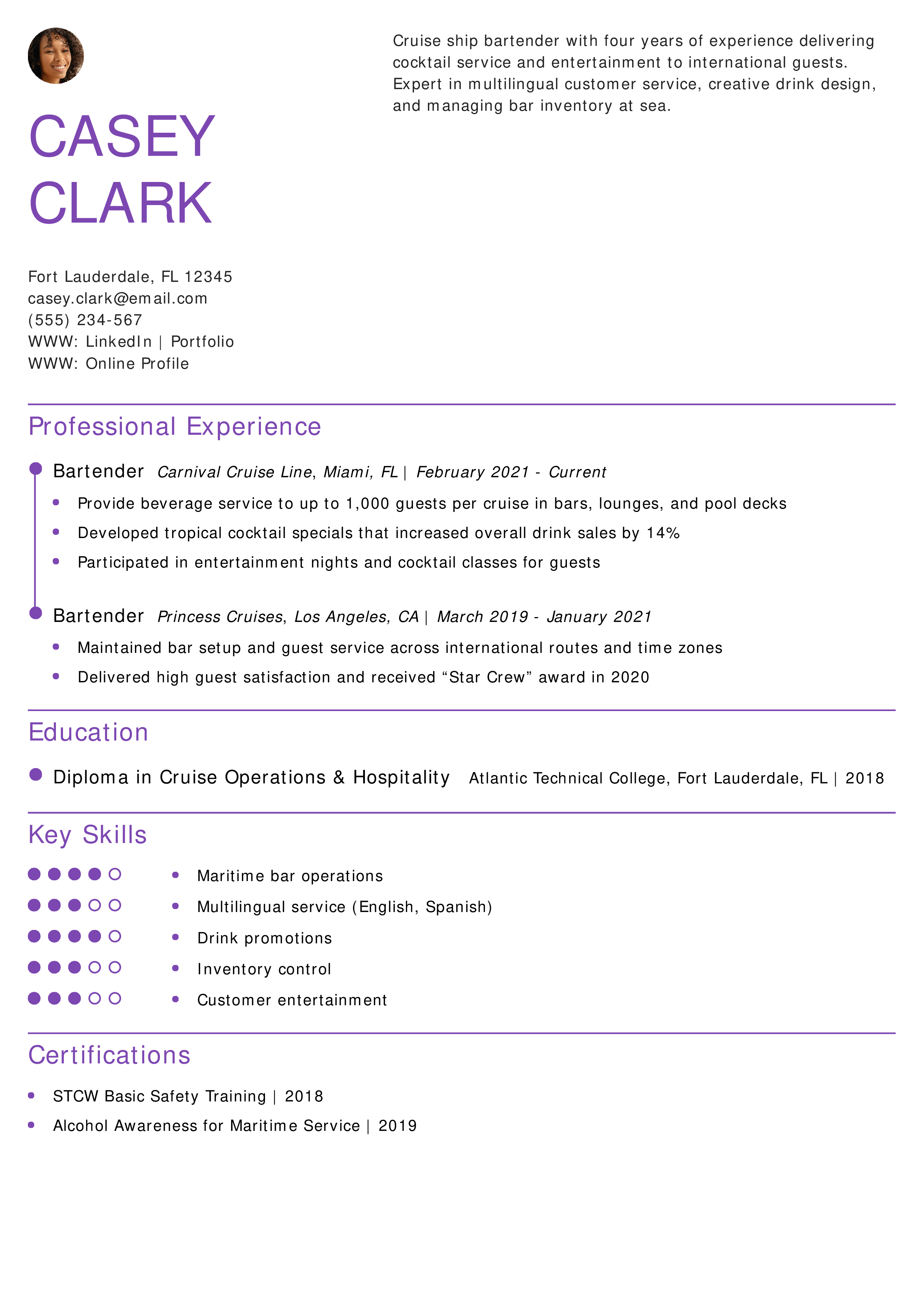 Cruise Ship Bartender Resume