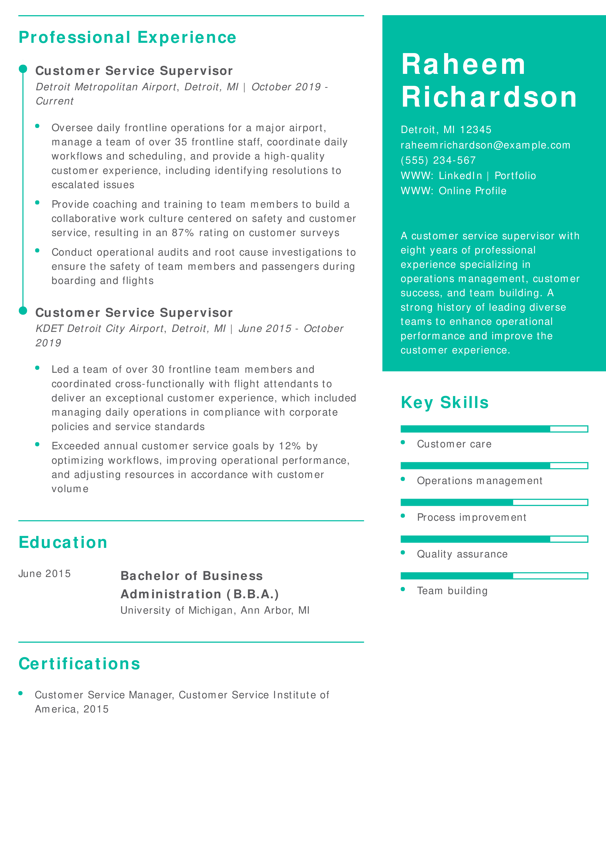 Custom Service Supervisor Resume