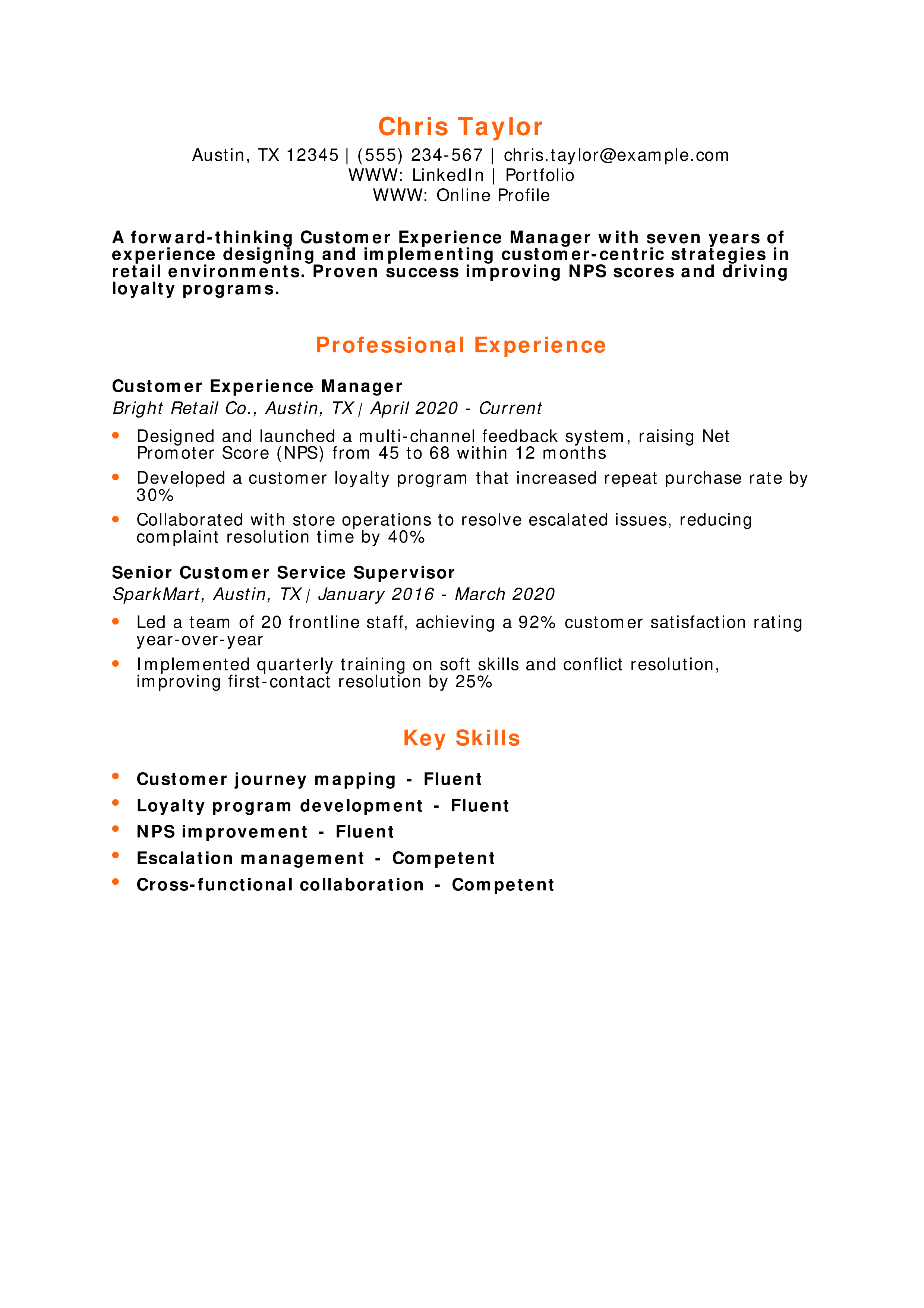 Customer Experience Manager Resume
