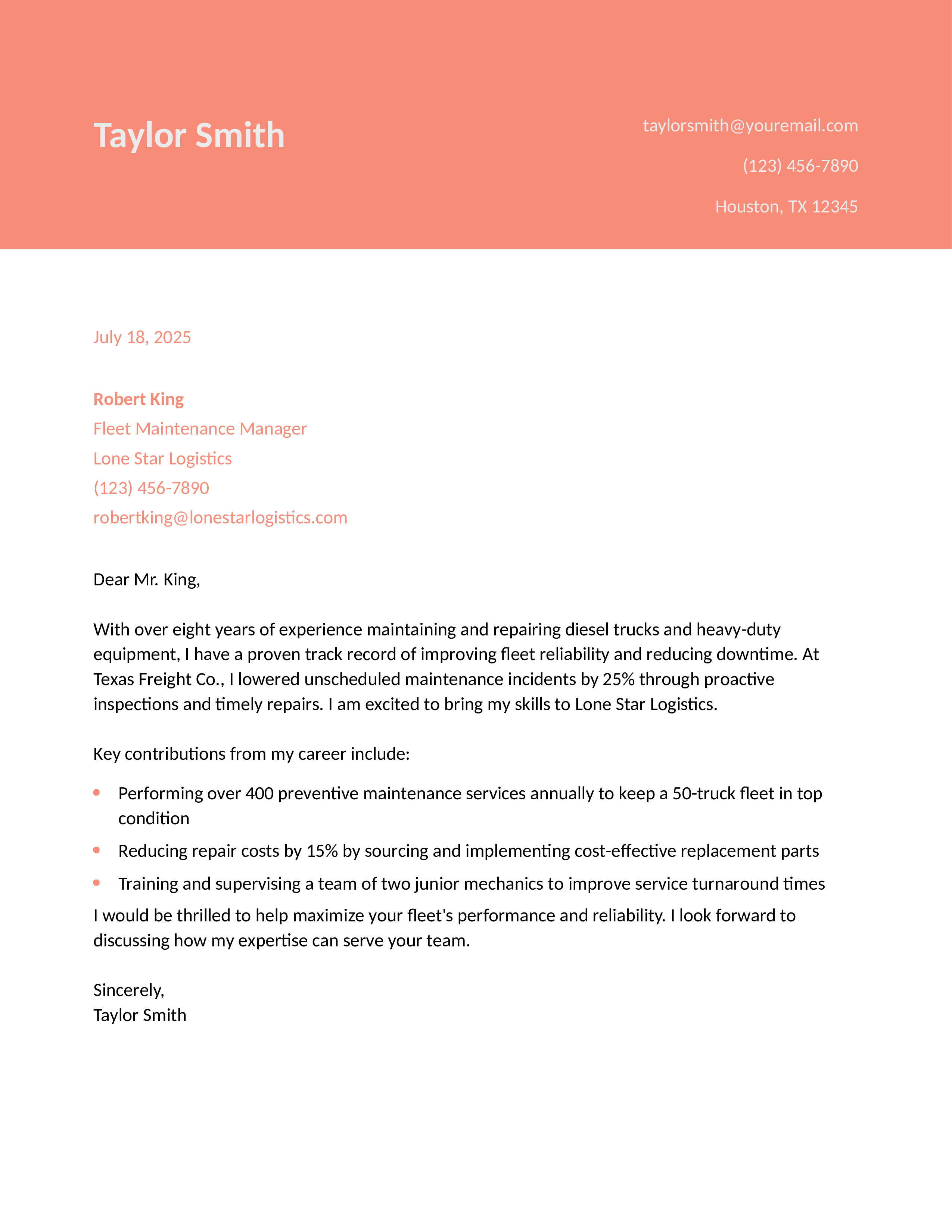 Diesel Mechanic Cover Letter