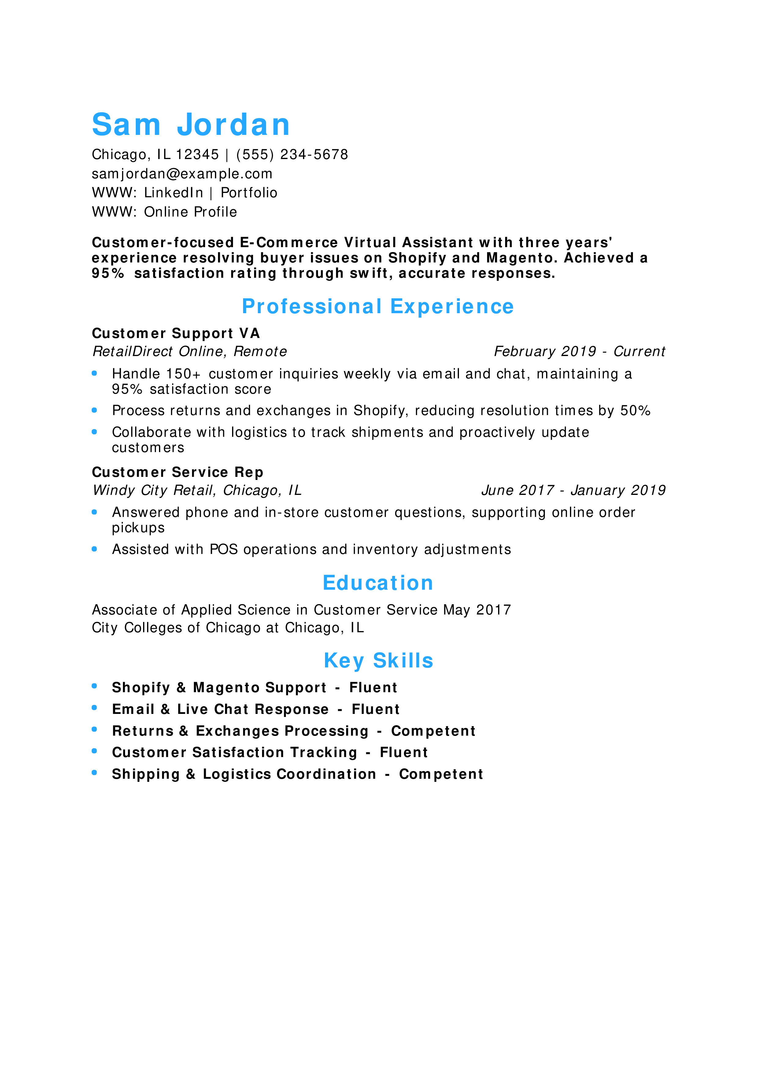 E-Commerce Customer Support Virtual Assistant Resume