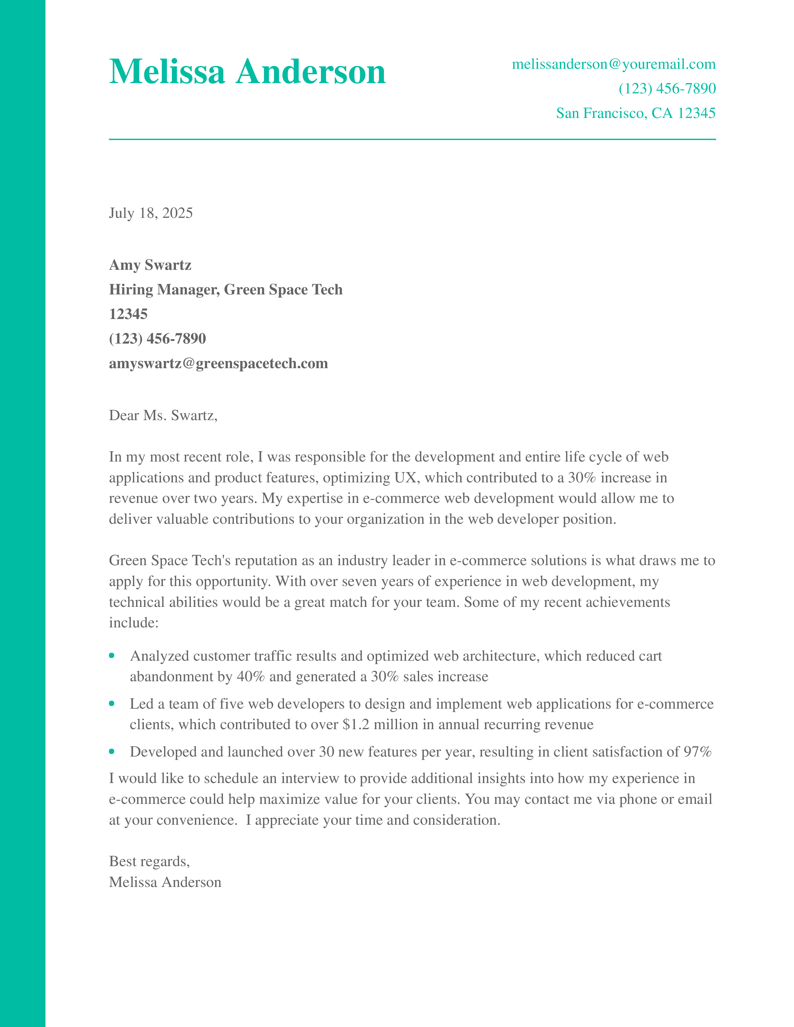 E-Commerce Web Developer Cover Letter