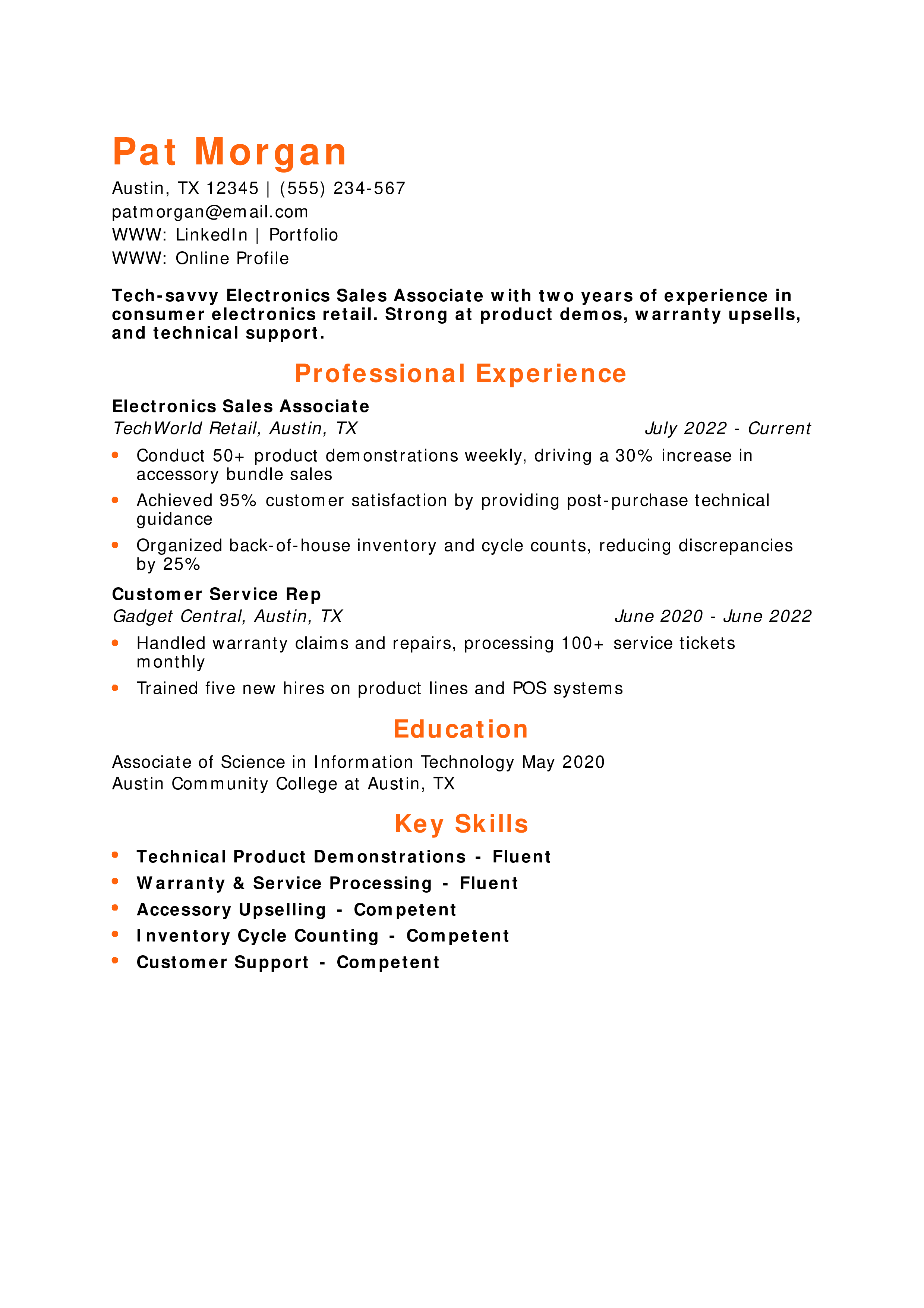 Electronics Sales Associate Resume