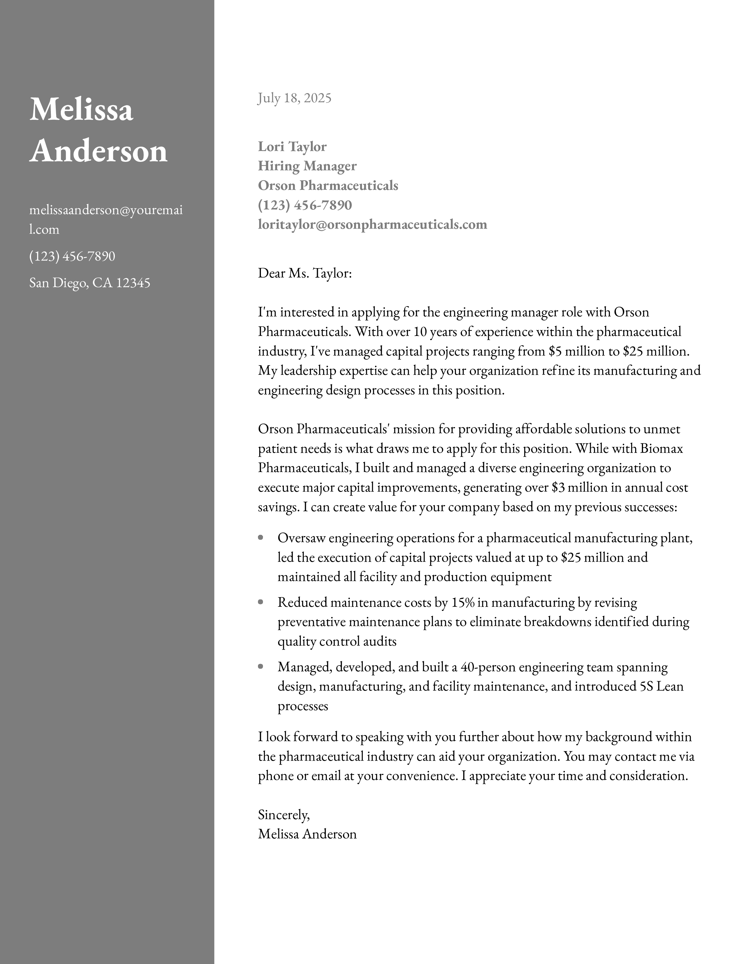 Engineering Manager Cover Letter