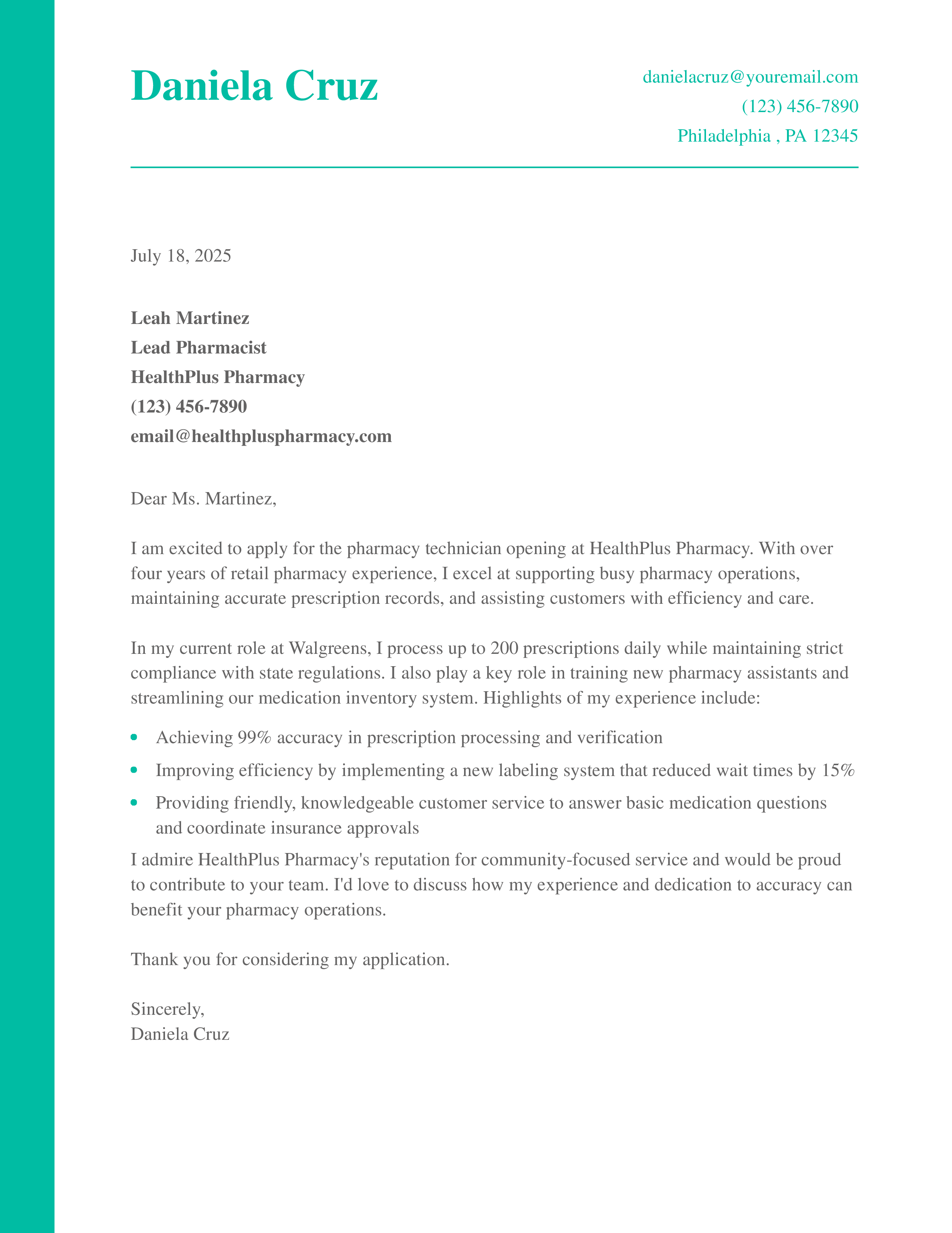 Experienced Pharmacy Technician Cover Letter