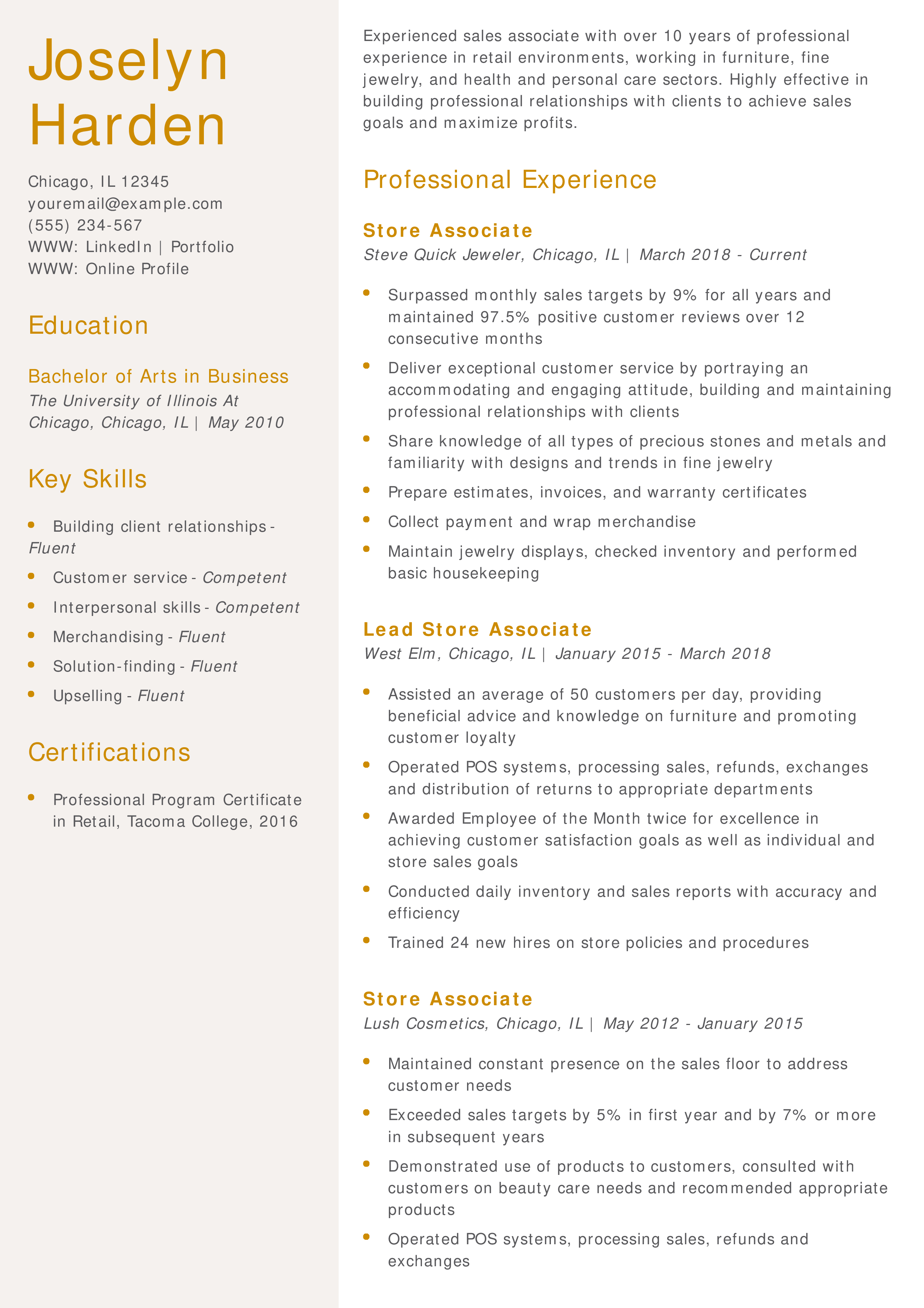 Experienced Sales Associate Resume