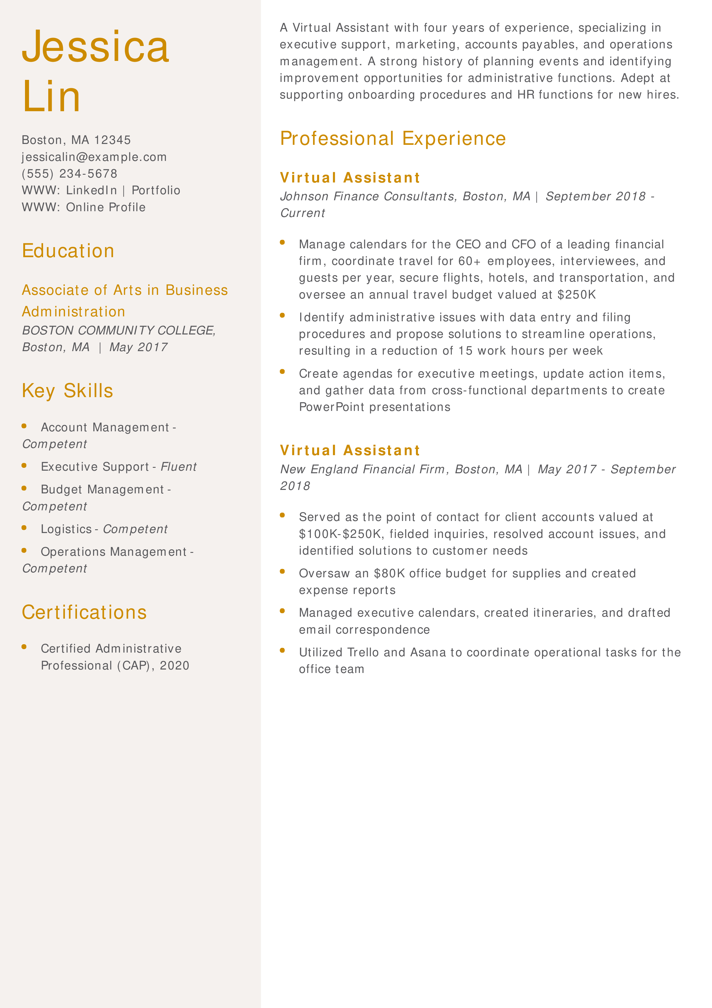Financial Virtual Assistant Resume