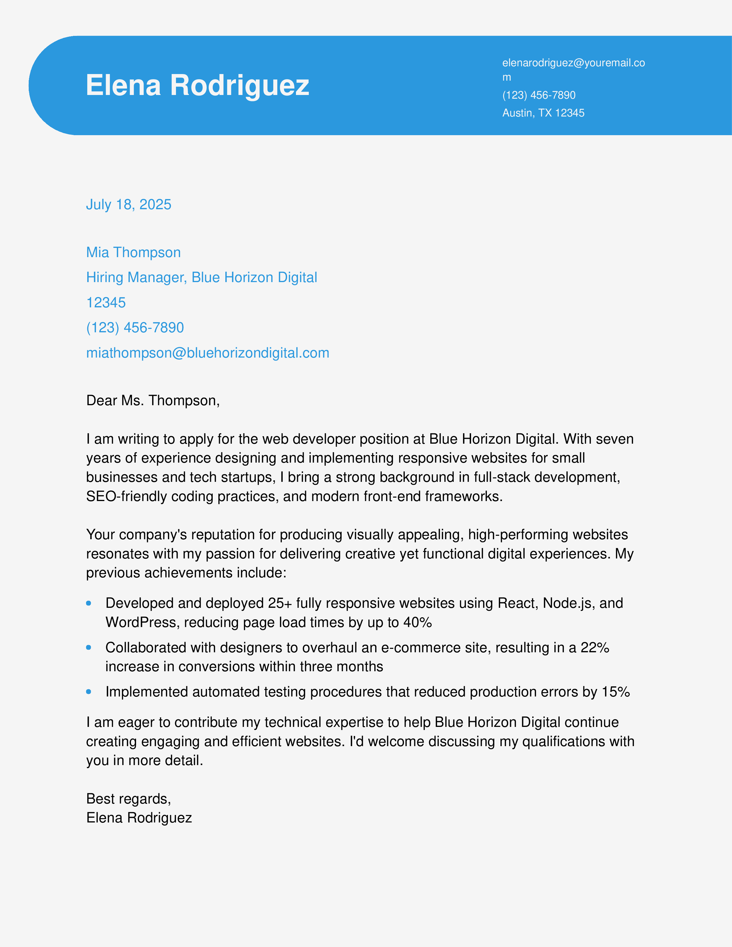 Front-End Web Developer Cover Letter