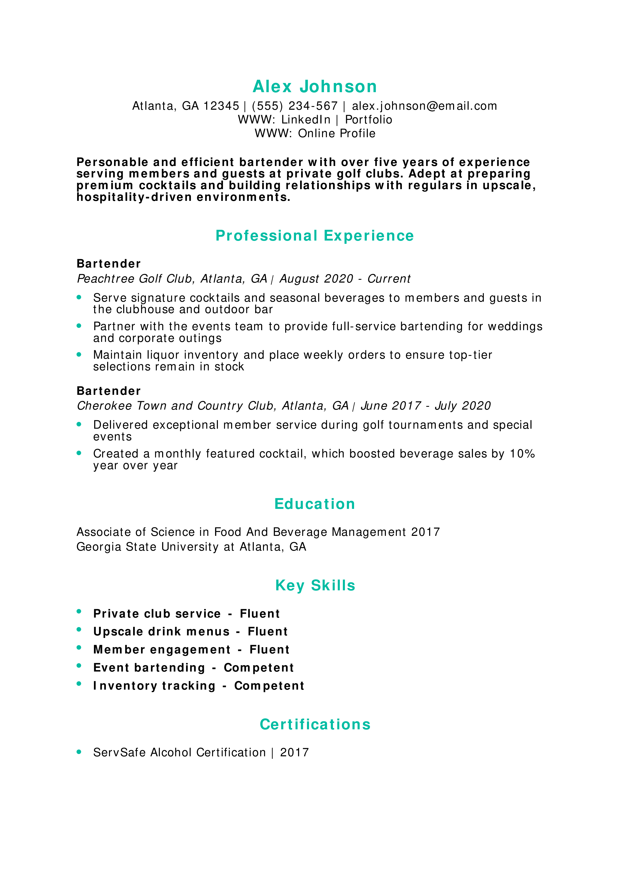 Golf Club Bartender Resume