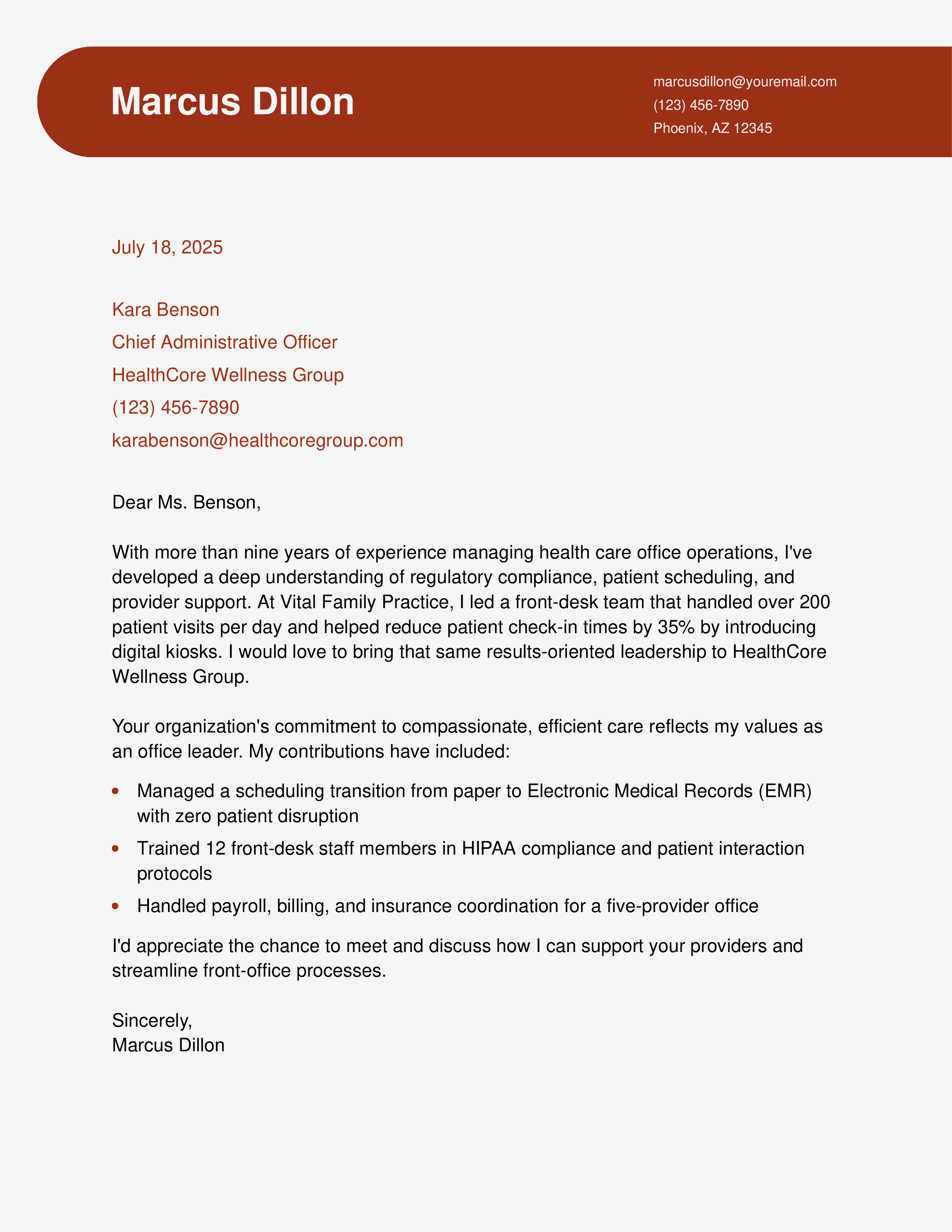Health Care Office Manager Cover Letter