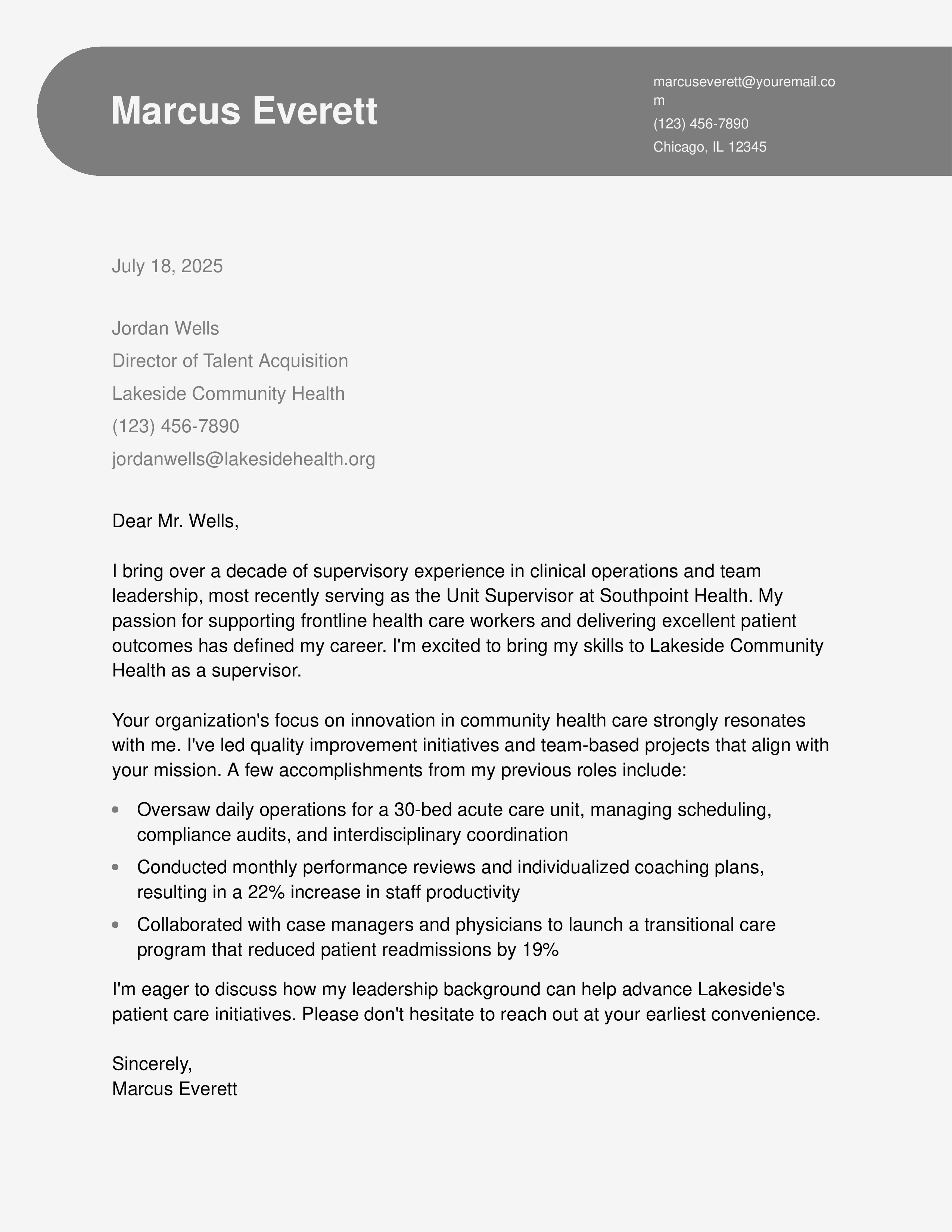 Health Care Supervisor Cover Letter