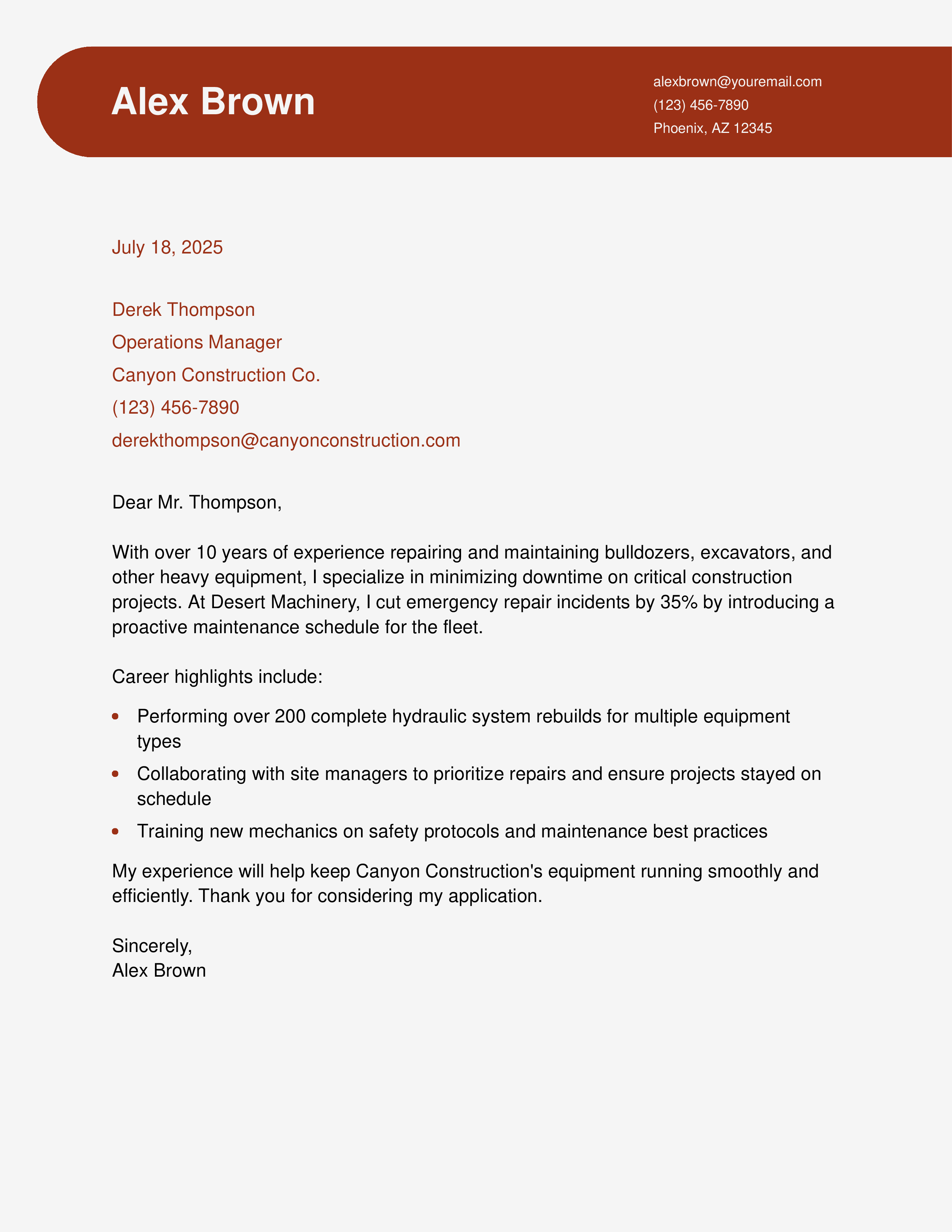 Heavy Equipment Mechanic Cover Letter