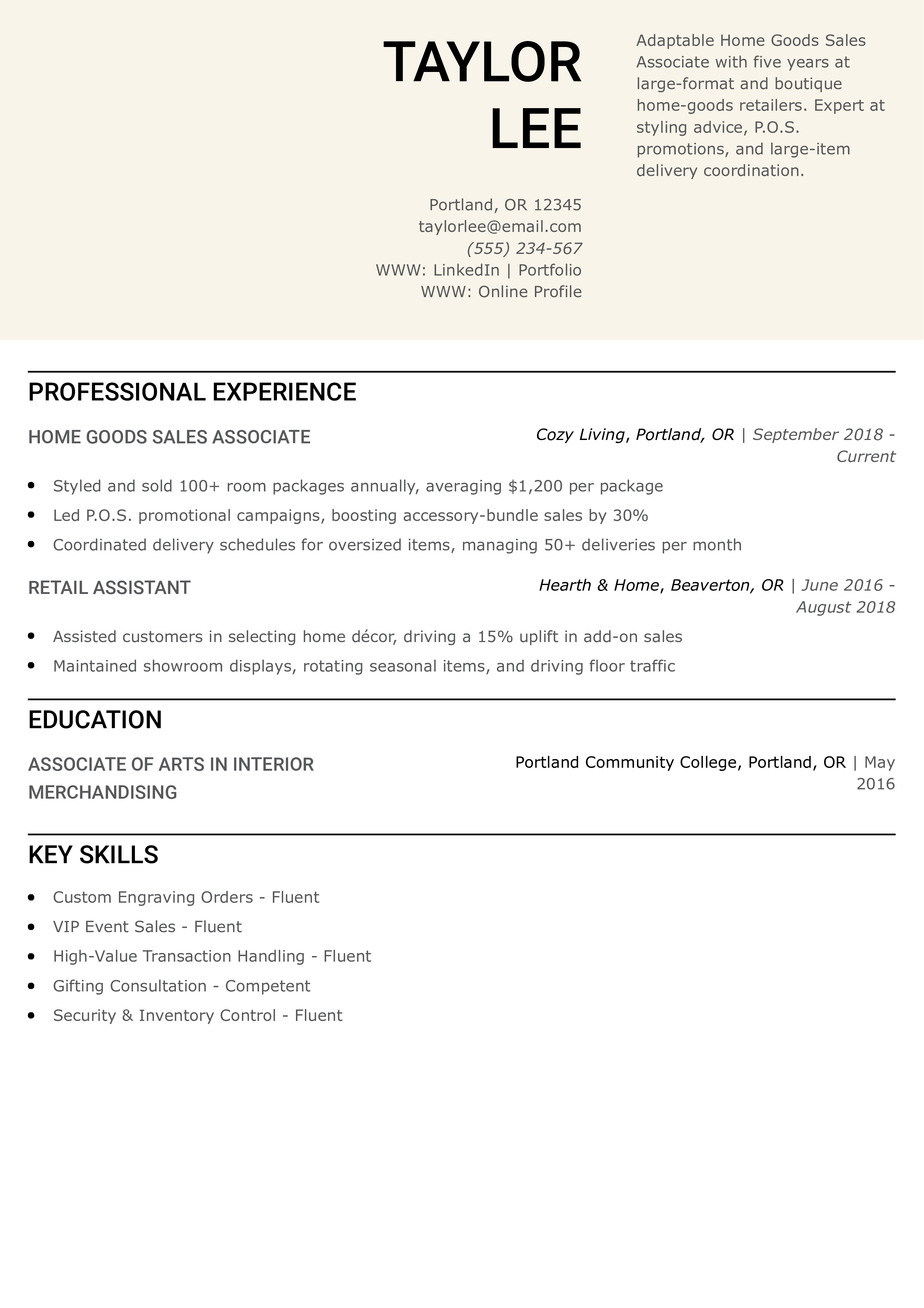 Home Goods Sales Associate Resume