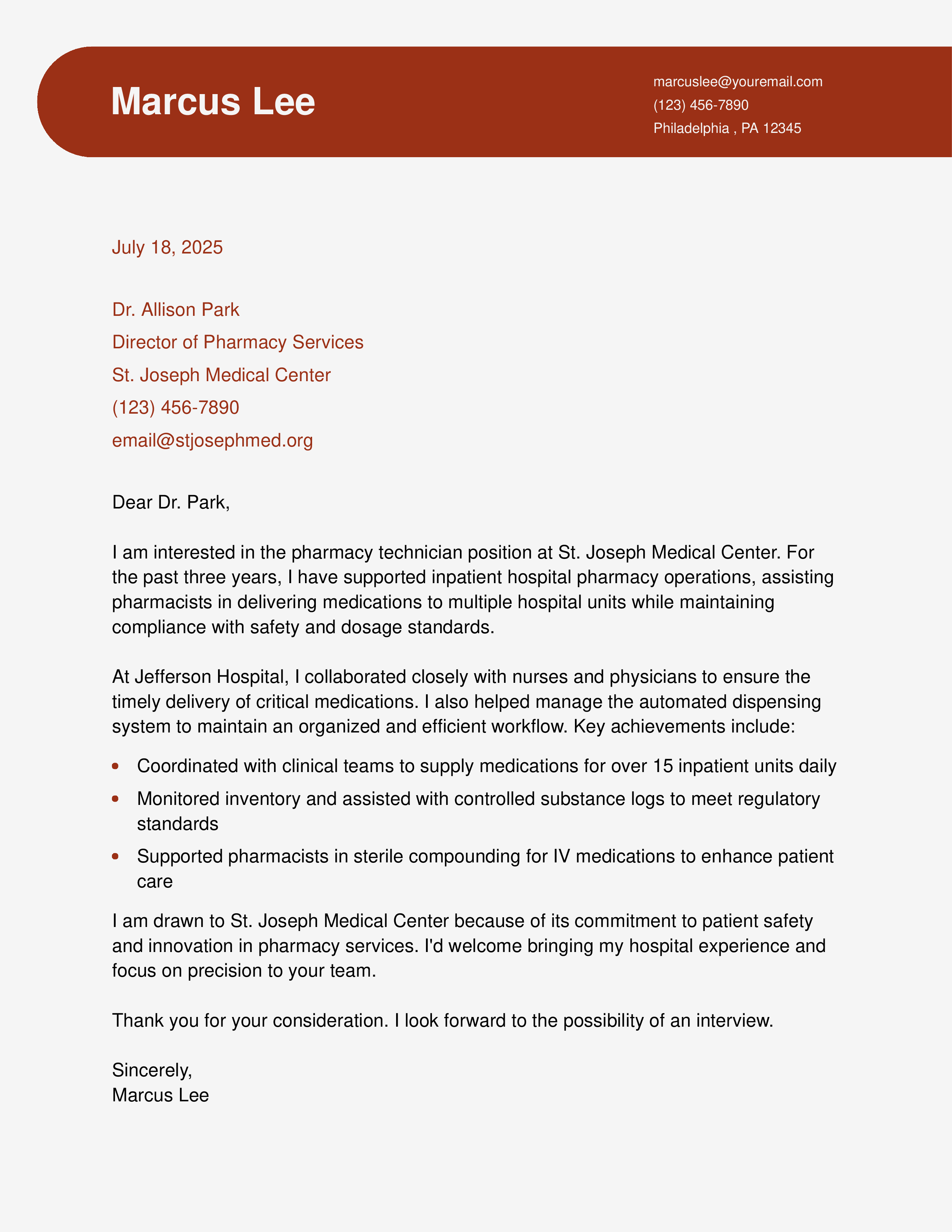 Hospital Pharmacy Technician Cover Letter
