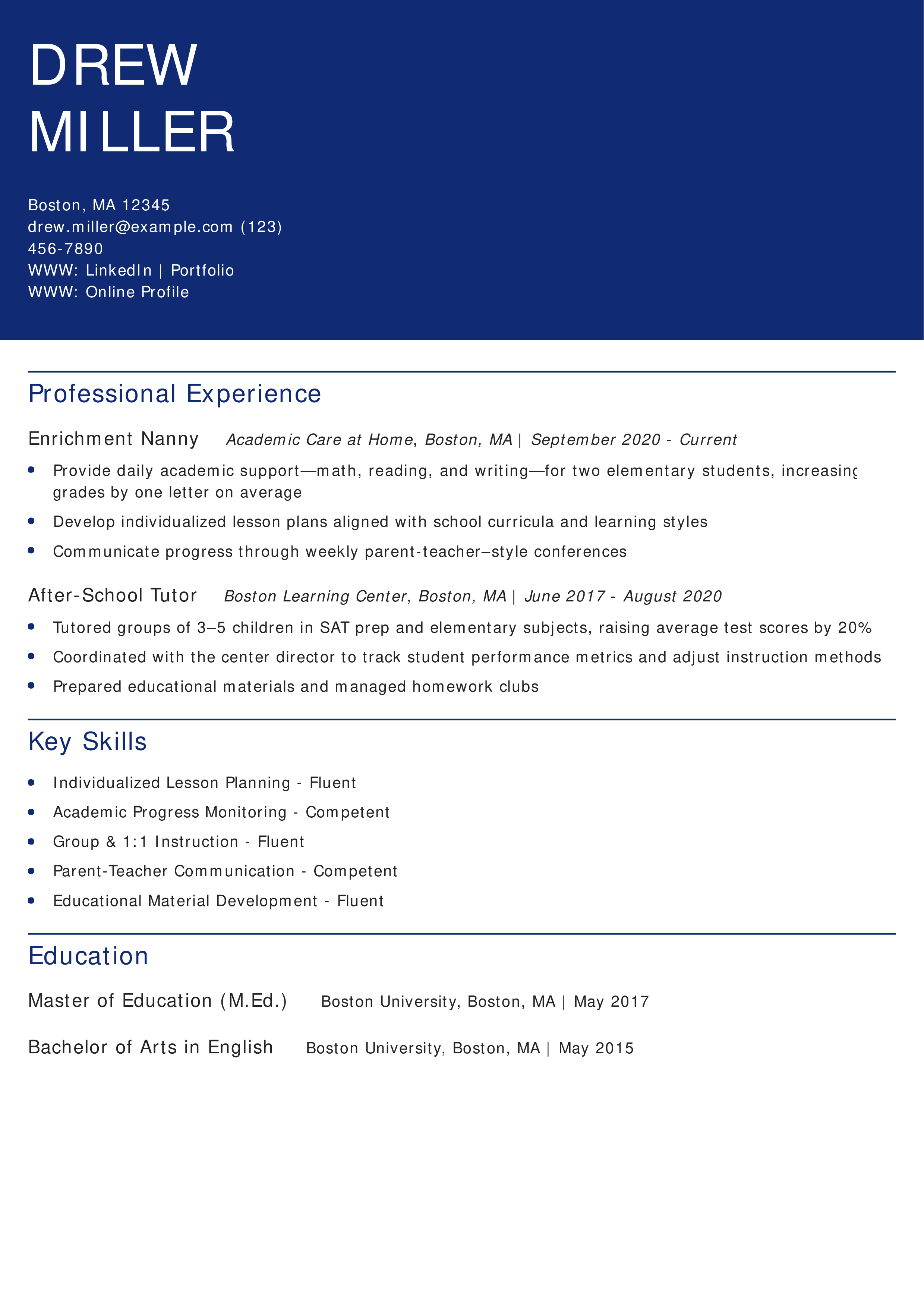 In-Home Tutor Nanny Resume