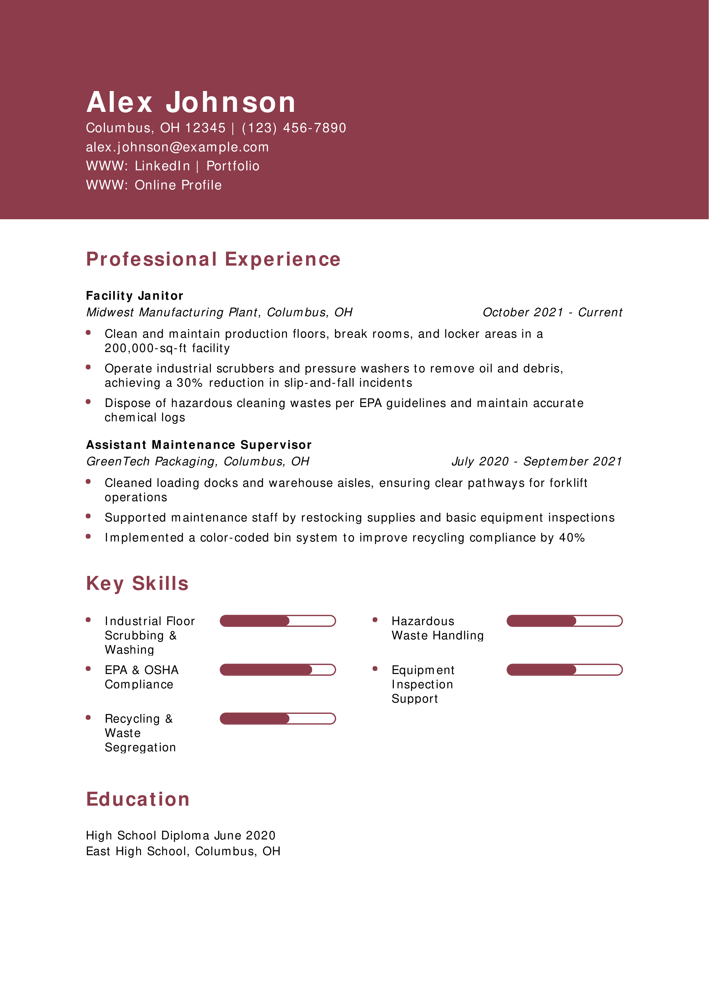 Industrial Facility Janitor Resume