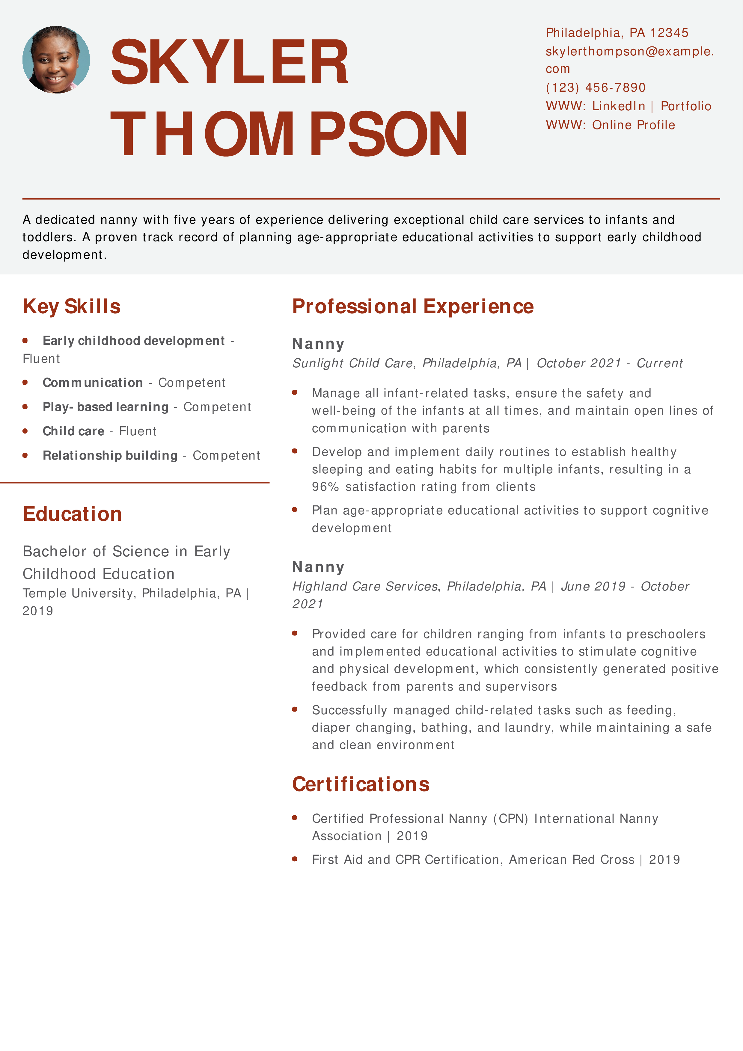 Infant Nanny Resume