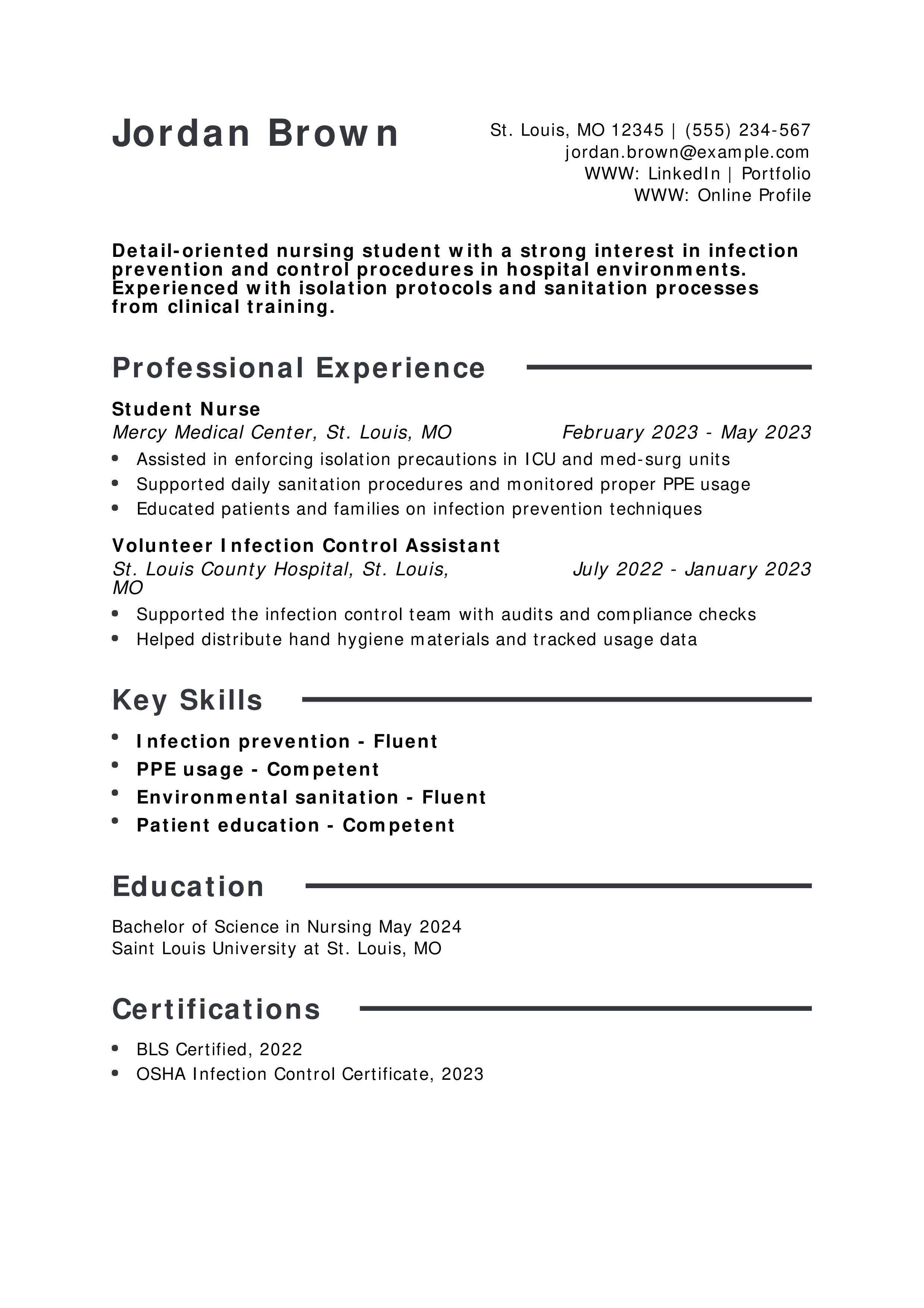Infection Control Nursing Student Resume