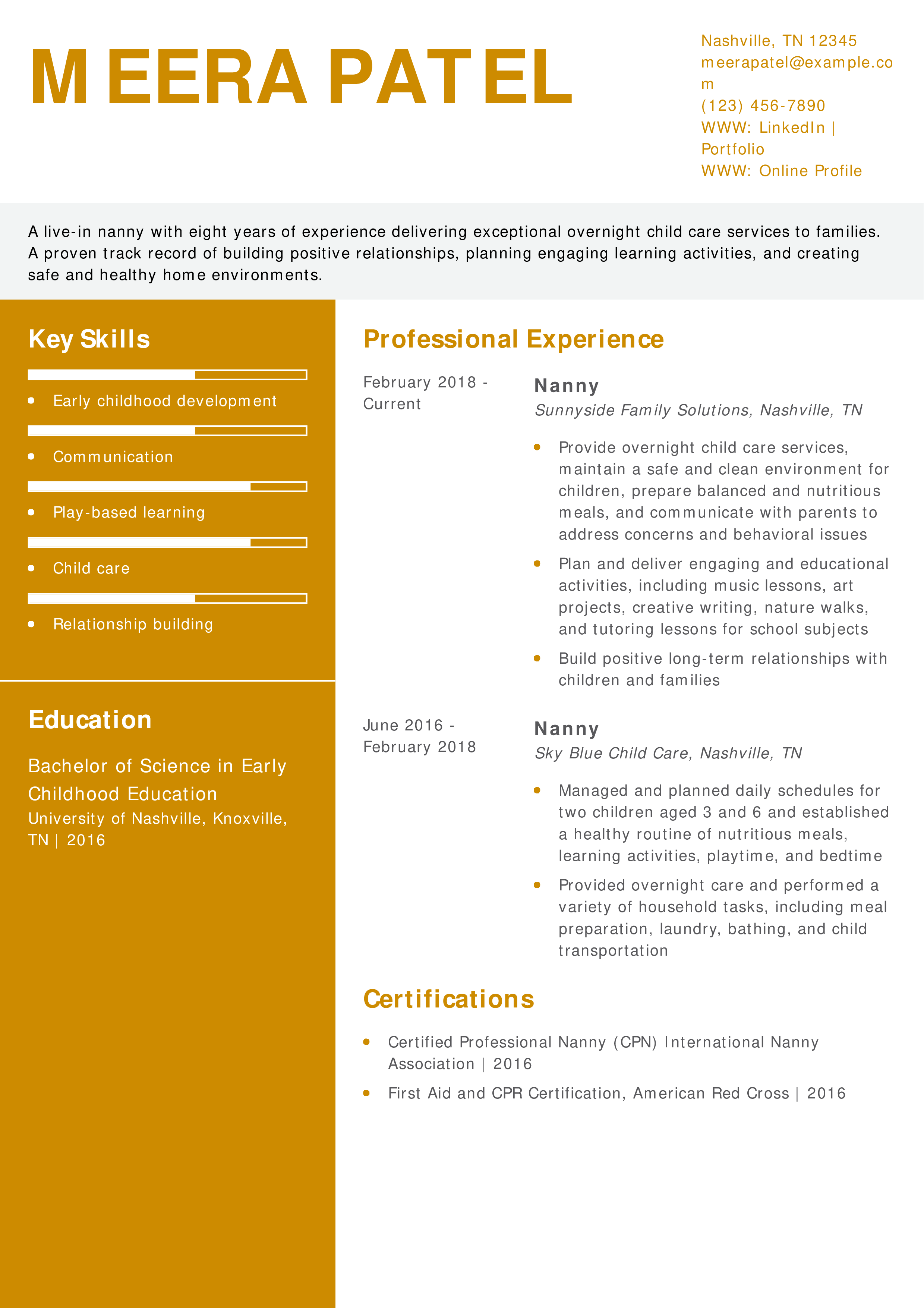 Live-In Nanny Resume