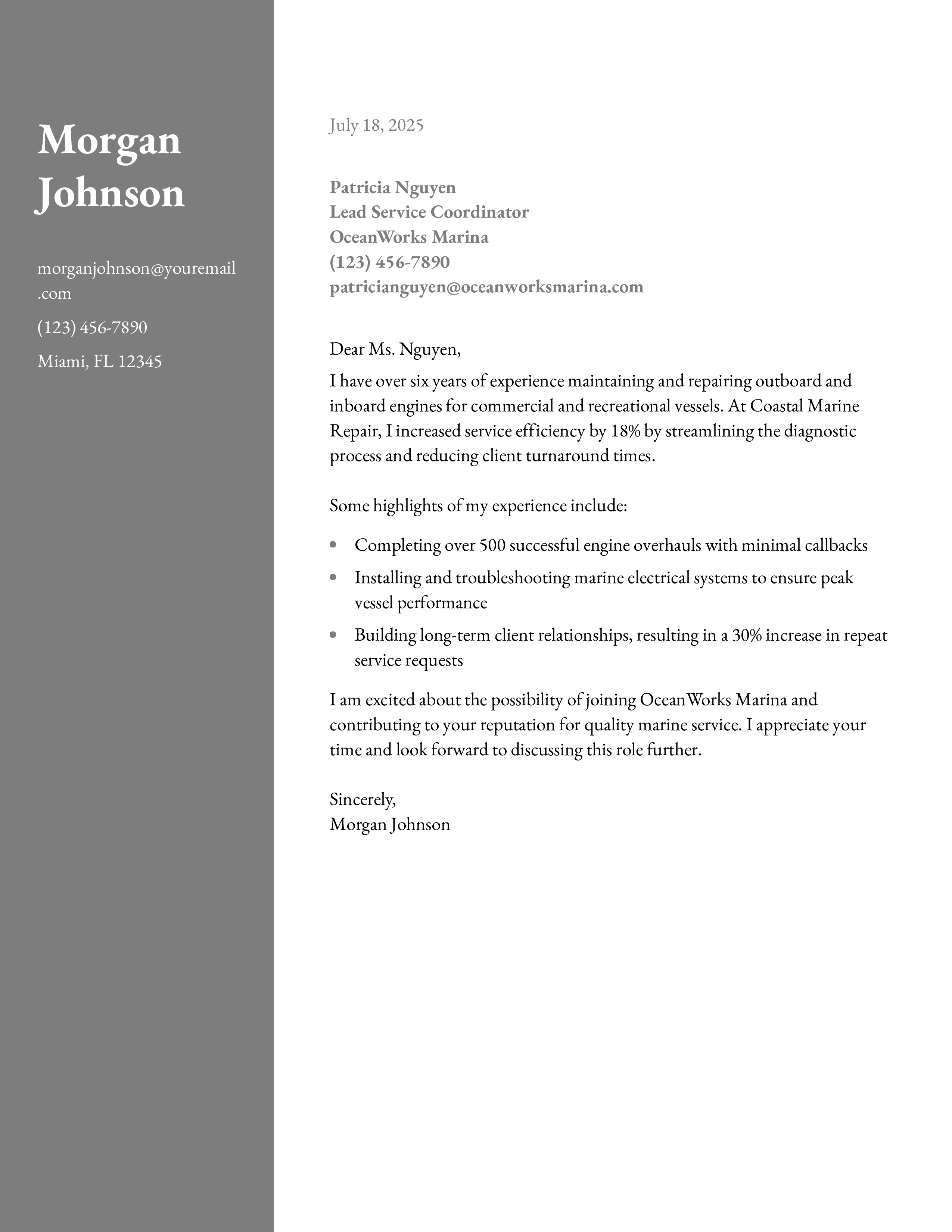 Marine Mechanic Cover Letter