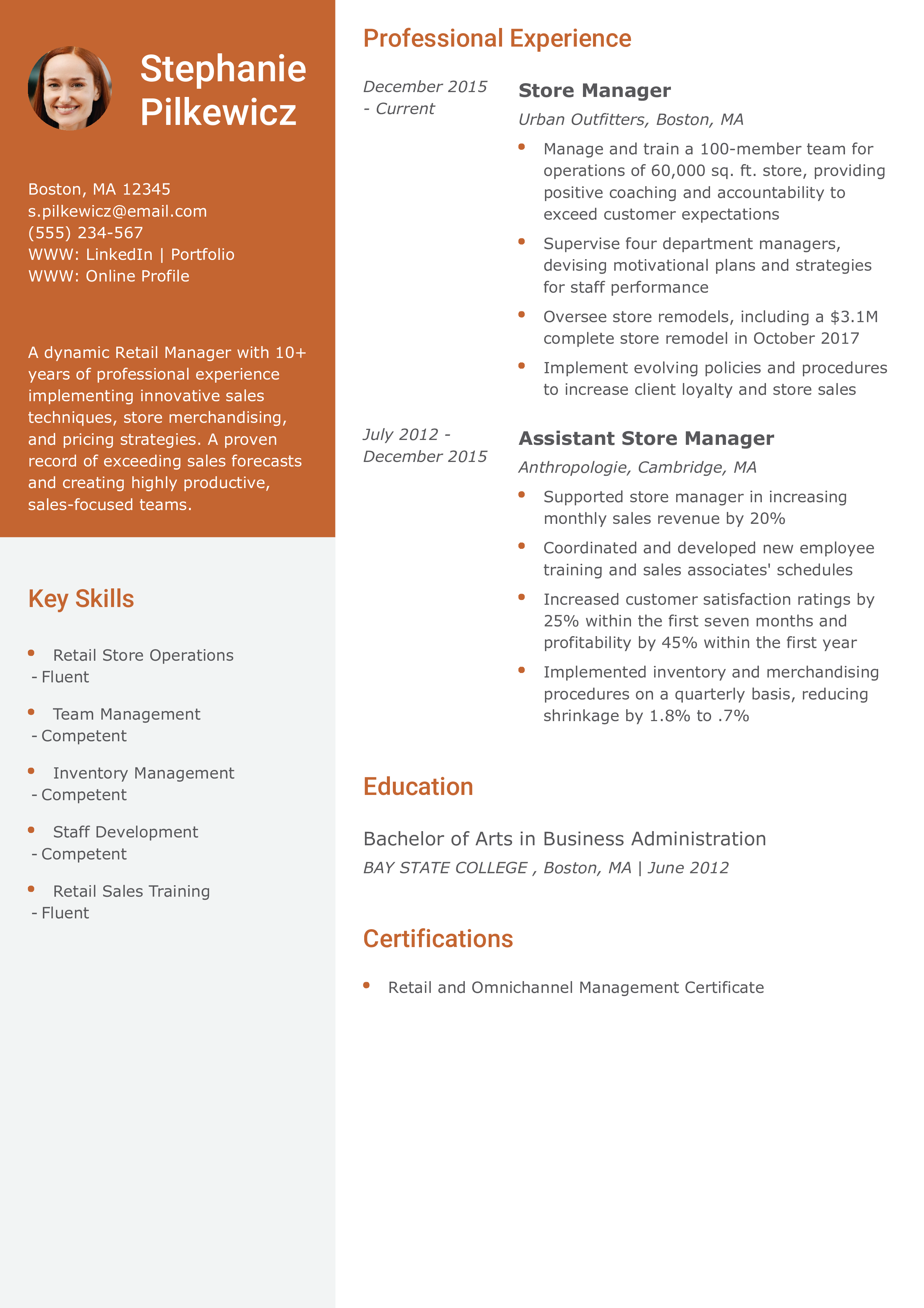 Mid-Career Retail Manager Resume