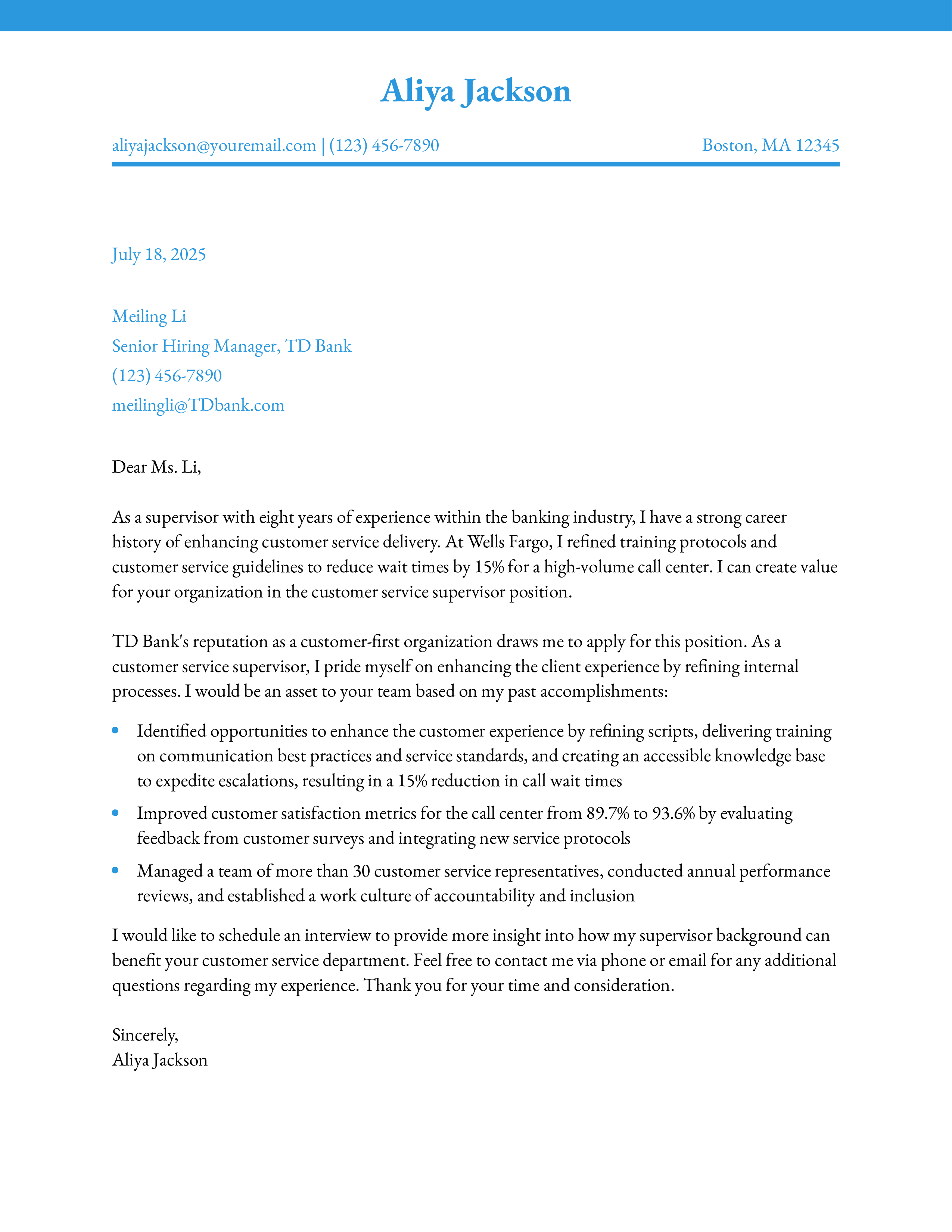 Bank Supervisor Cover Letter