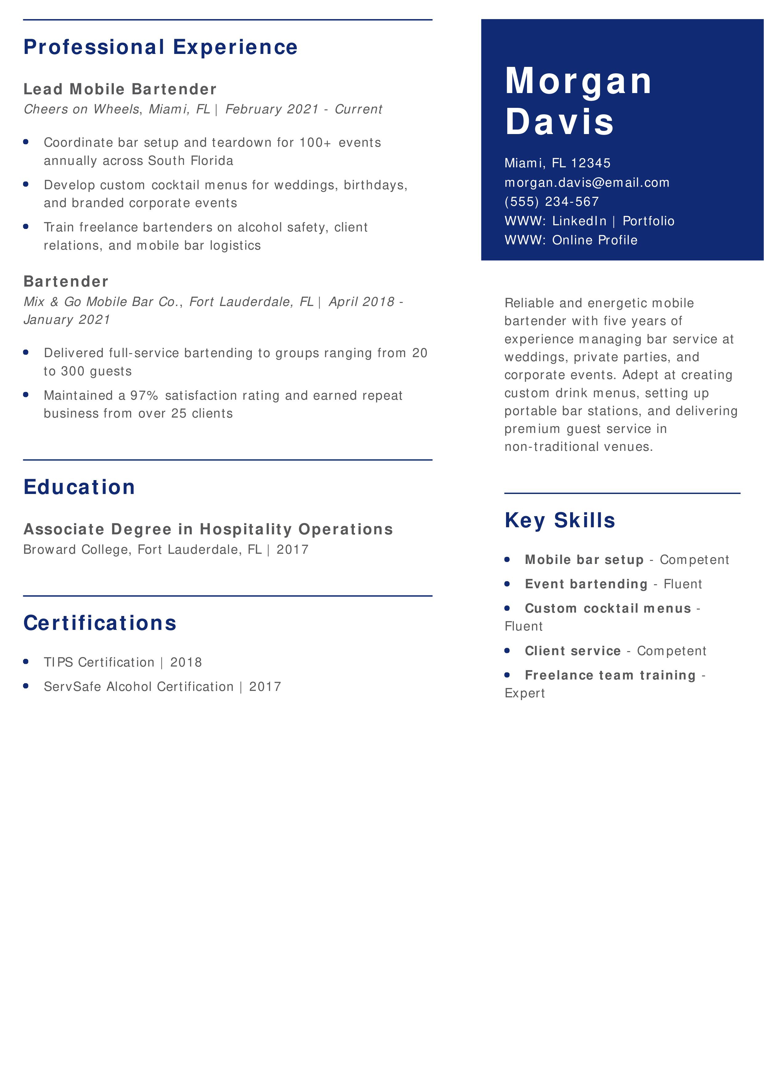 Mobile Bartender Resume