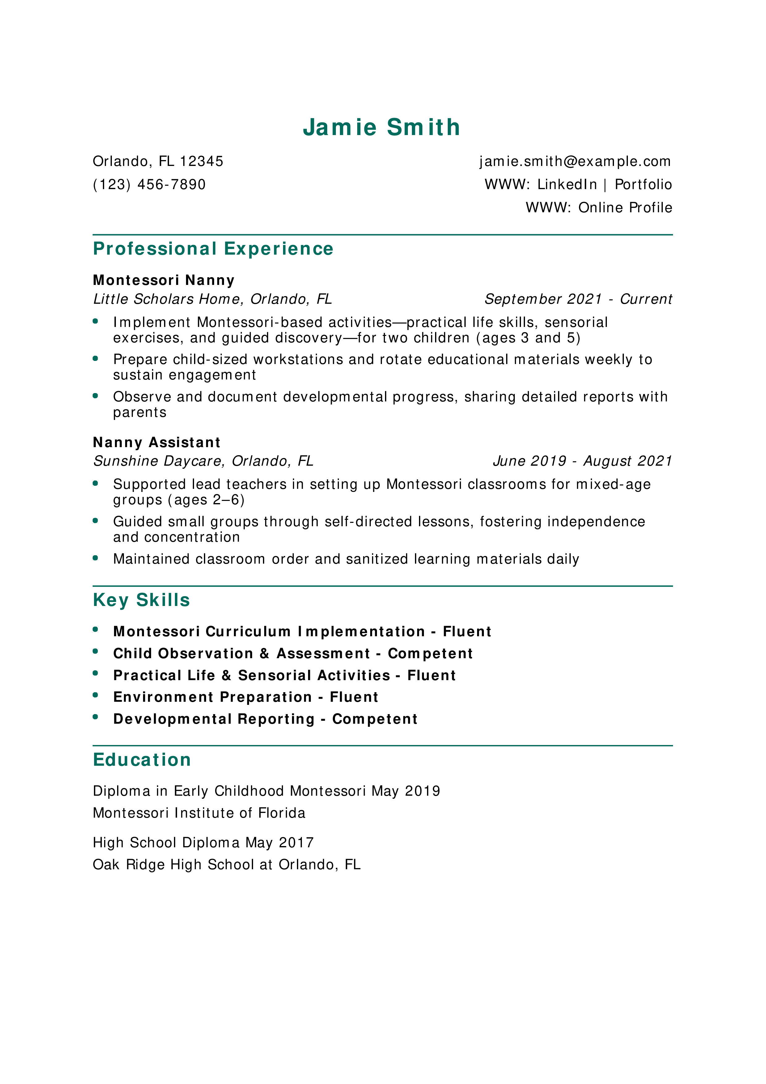 Montessori Method Nanny Resume
