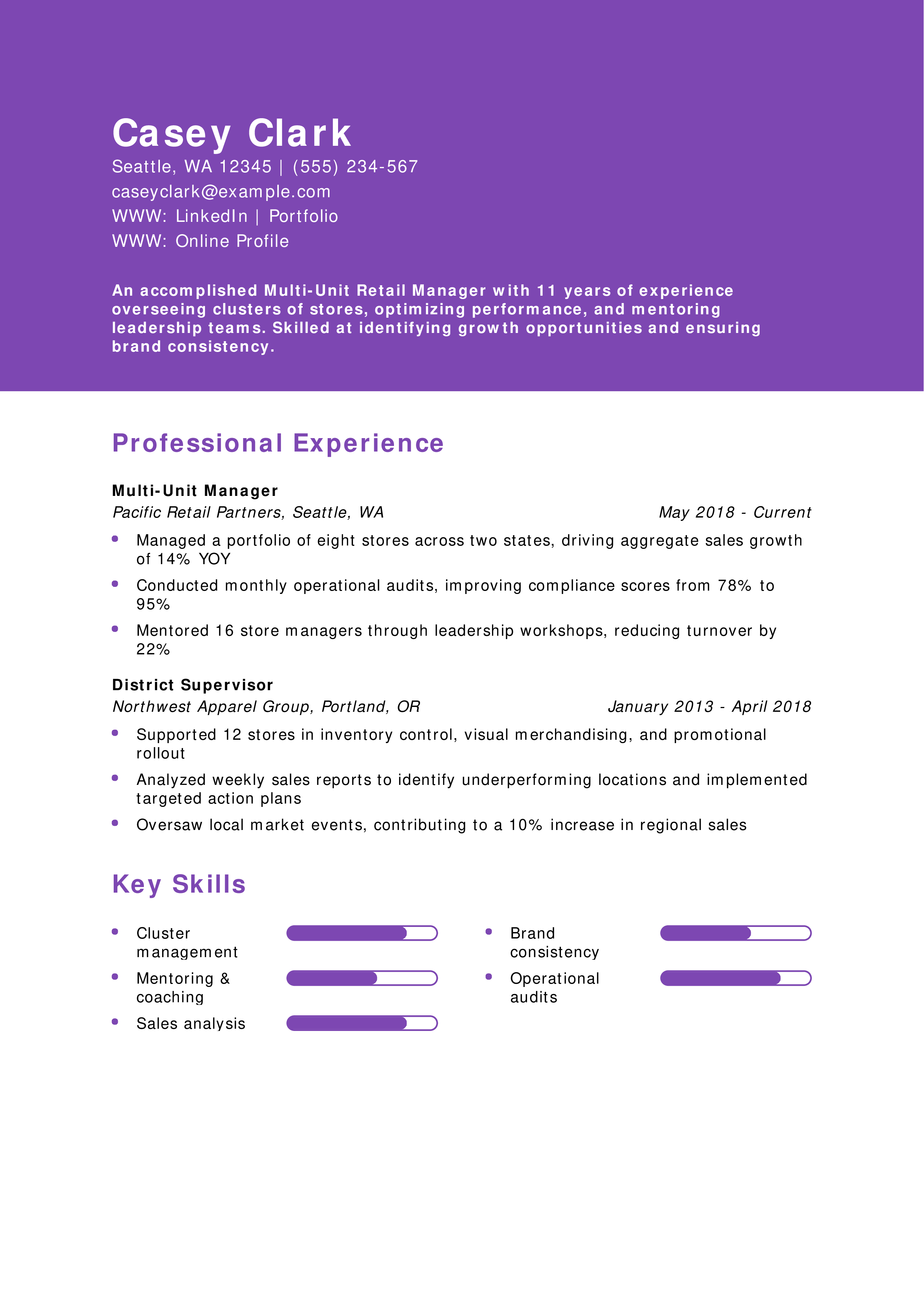 Multi-Unit Retail Manager Resume