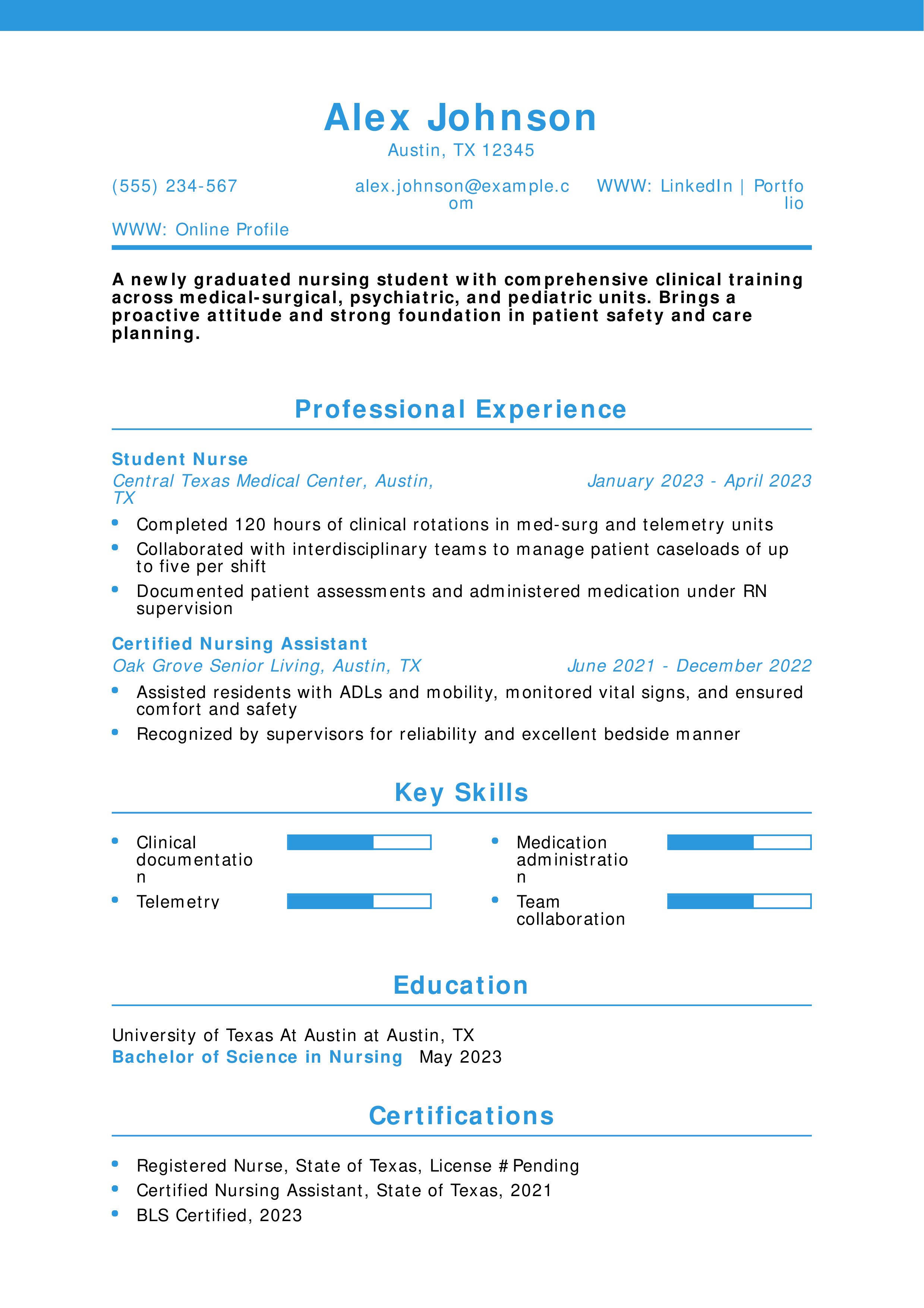 New Grad Nursing Student Resume