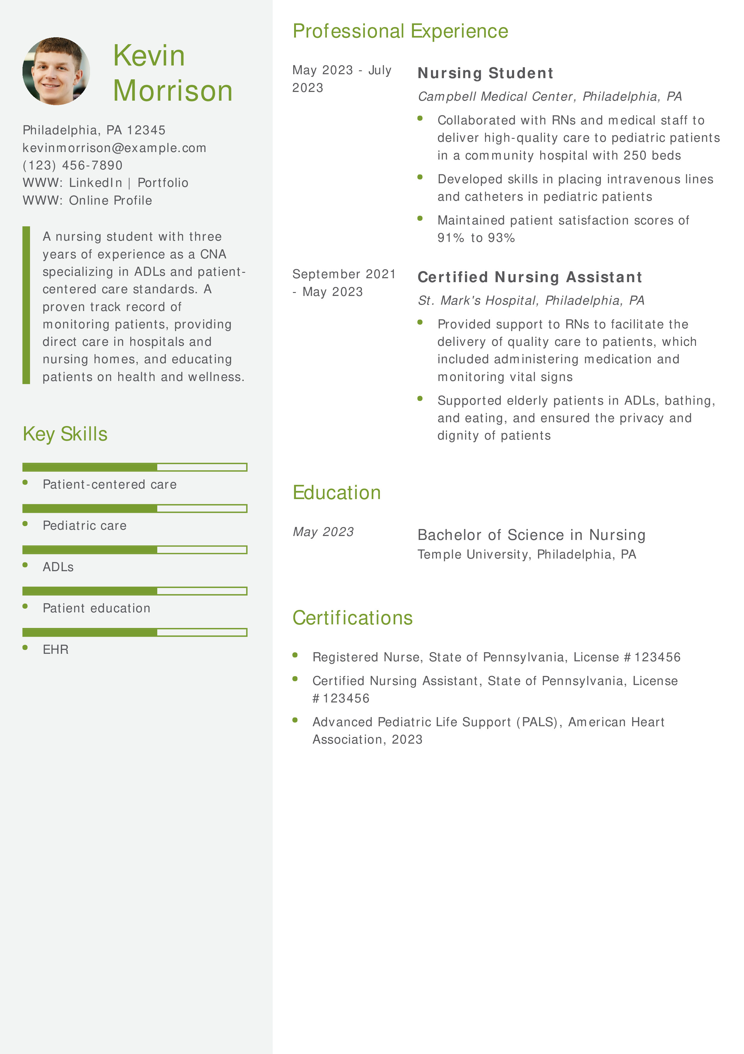 Nursing Student CNA Resume
