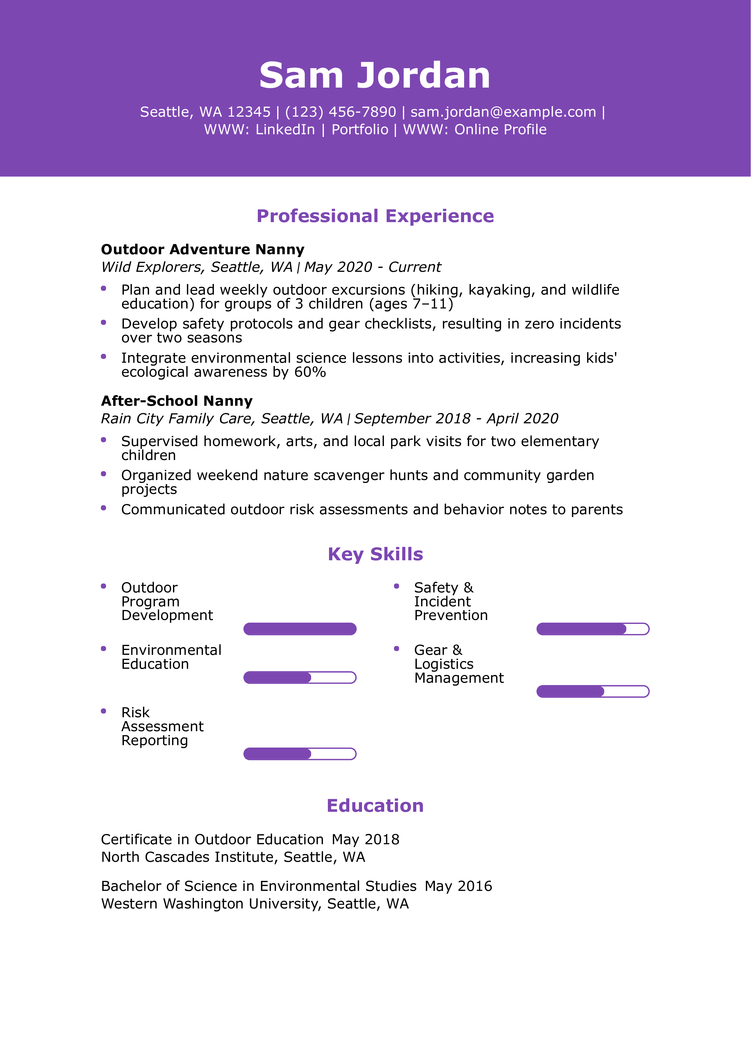 Outdoor Adventure Nanny Resume