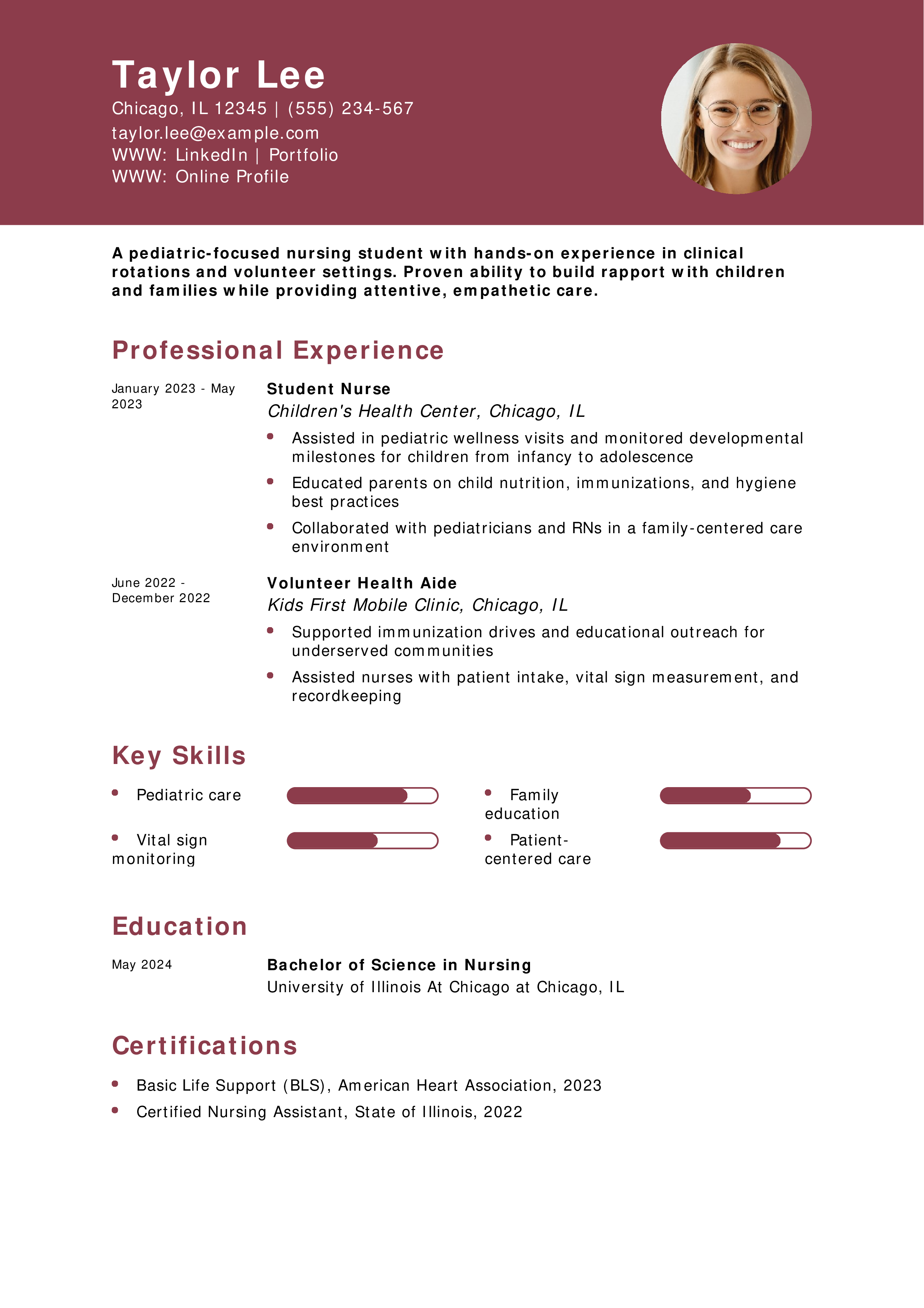 Pediatric Nursing Student Resume