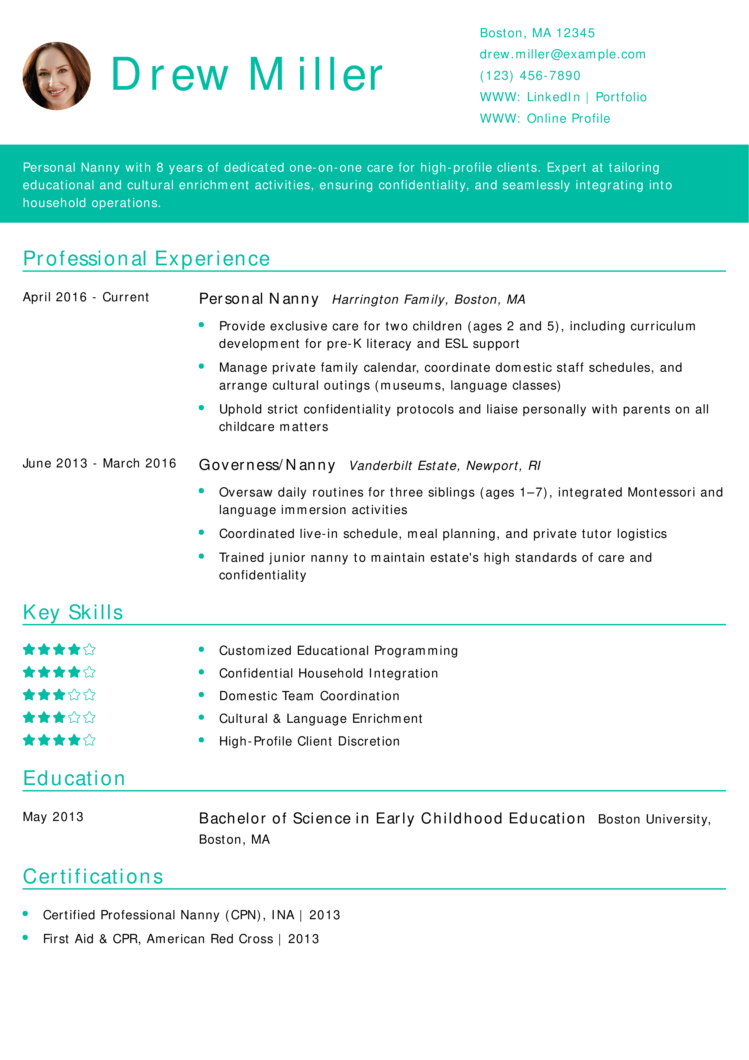 Personal Nanny Resume